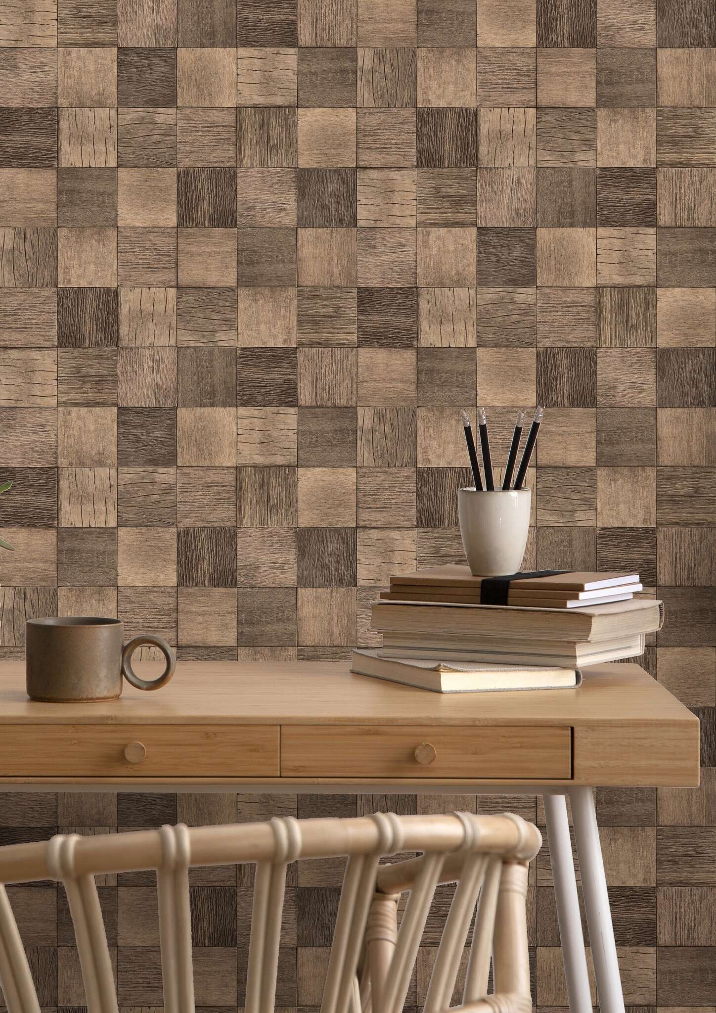 10-823035 Raumbilder 1 Une chambre avec Papier peint aspect bois et carrés géométriques
