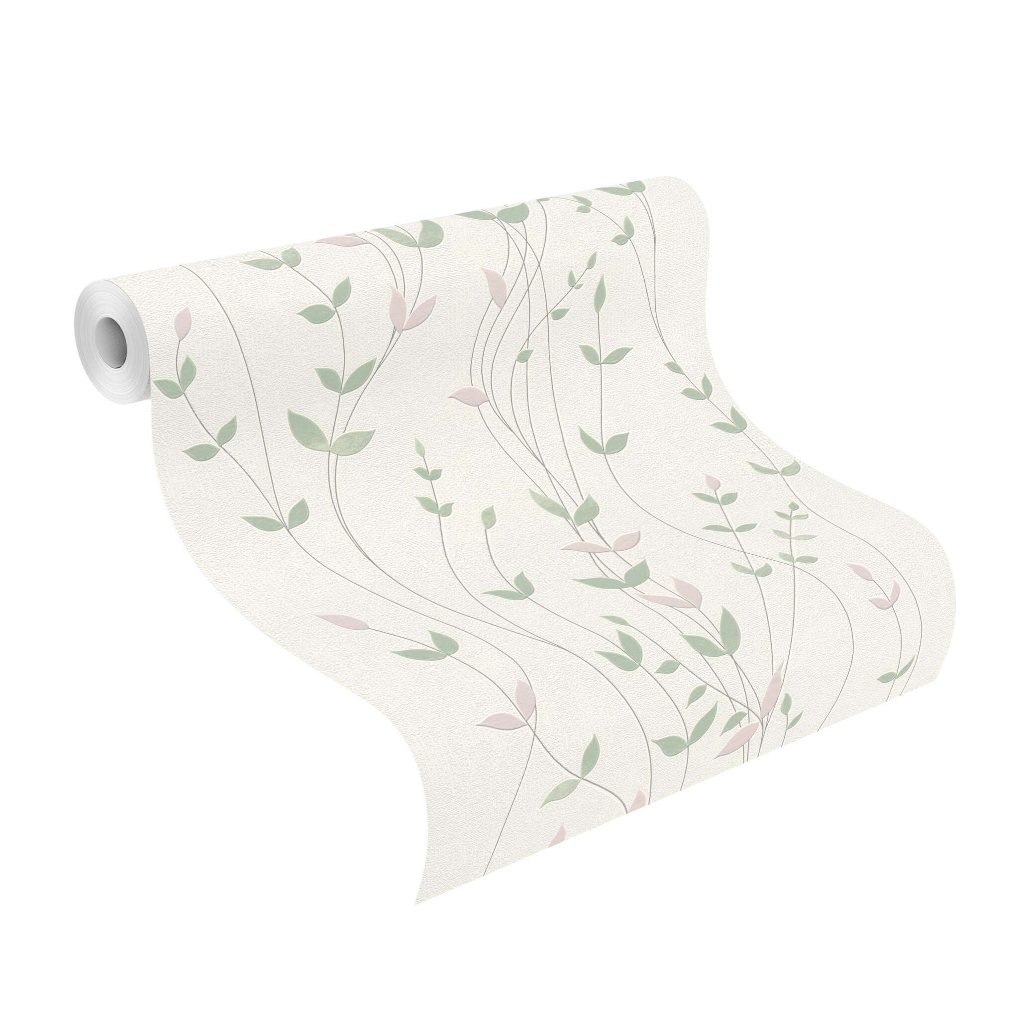 10-416039 Rolle abgerollt 1 Unrolled wallpaper roll with Non-woven wallpaper with a curved vine pattern in green and pink on a light background.