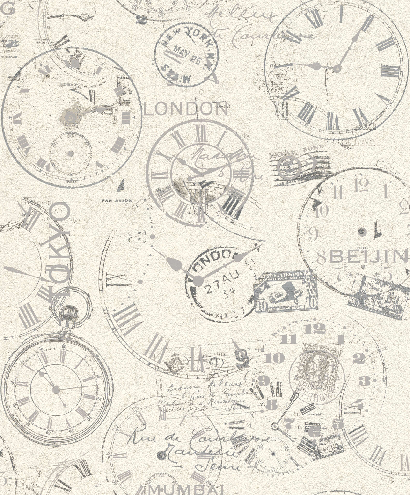 10-649208 Artikelscan 1 Wallpaper with clocks, postcards and stamps