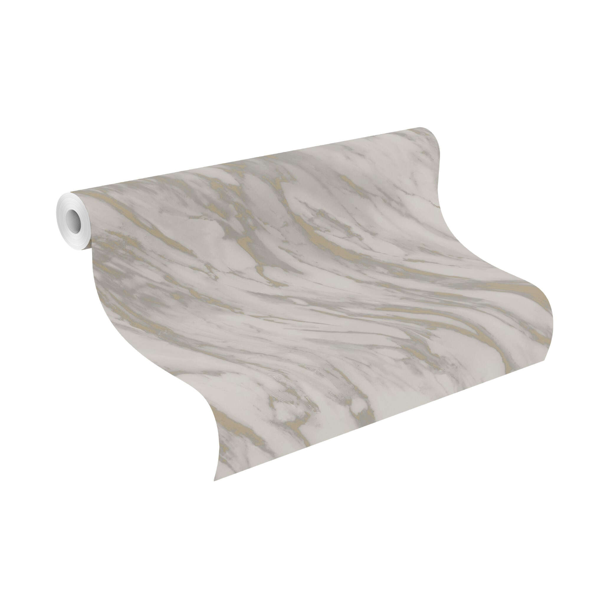 10-200140 Rolle abgerollt 1 Unrolled wallpaper roll with Elegant marble wallpaper with dynamic veins in grey and gold
