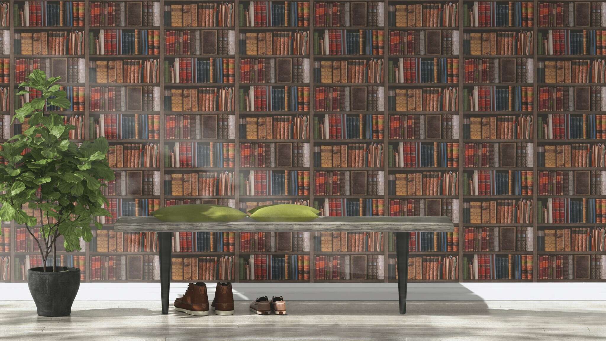 10-934809 Raumsituationen 2 Room with Photorealistic antique library with coloured book spines
