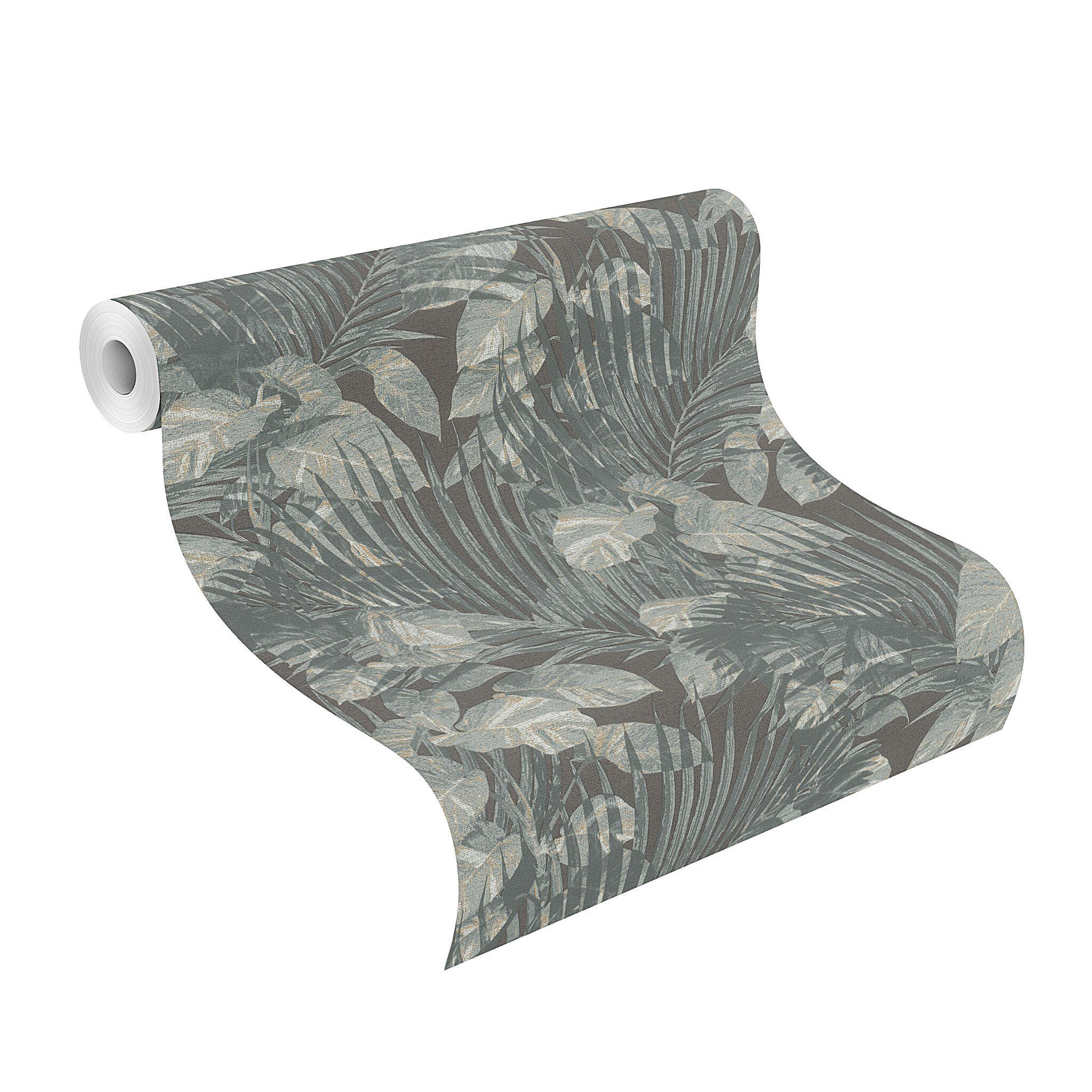 10-600179 Rolle abgerollt 1 Unrolled wallpaper roll with Tropical wallpaper with palm leaves and monstera