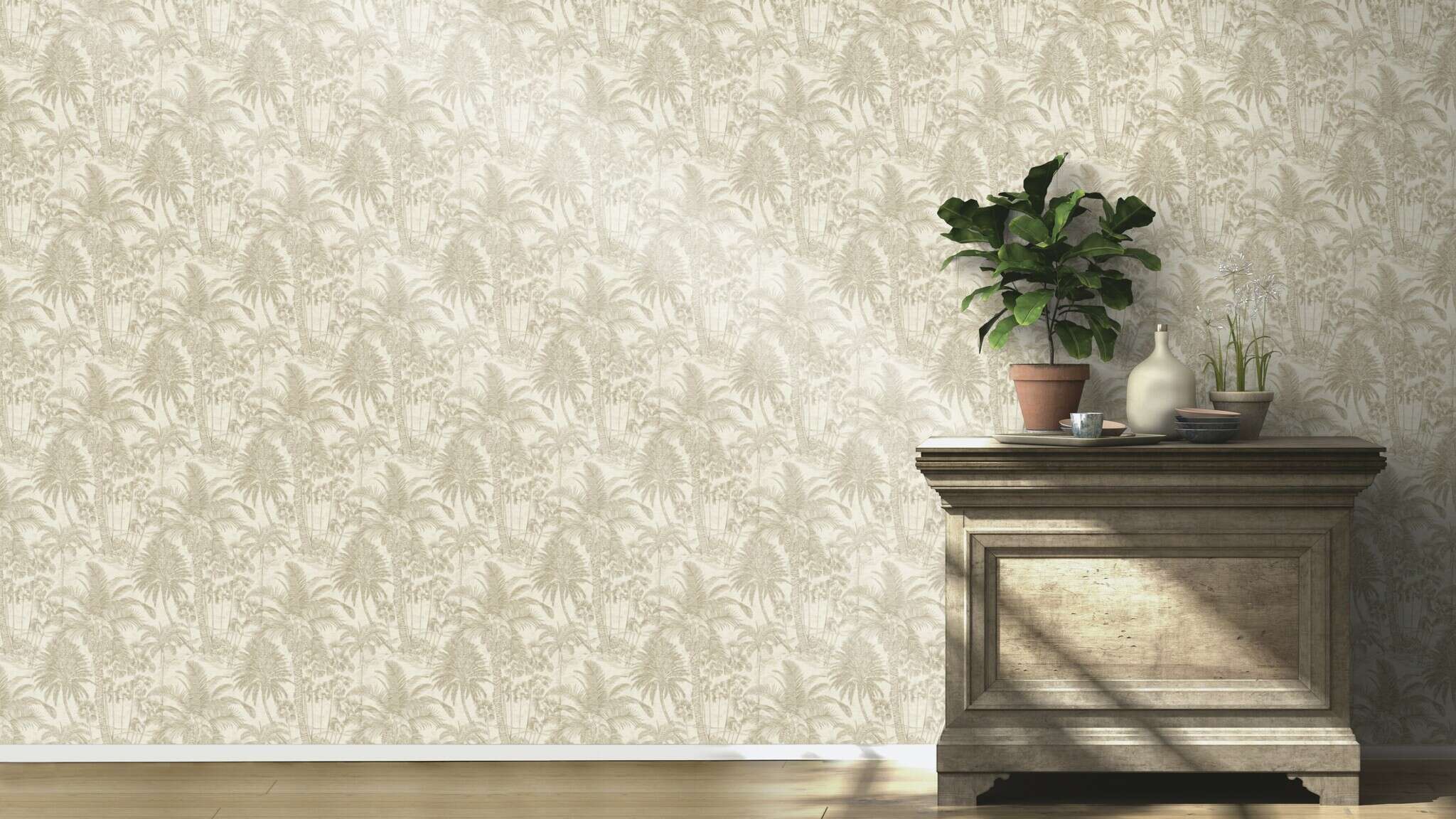 10-832549 Raumsituationen 1 Room with Tropical wallpaper with palm trees and jungle animals