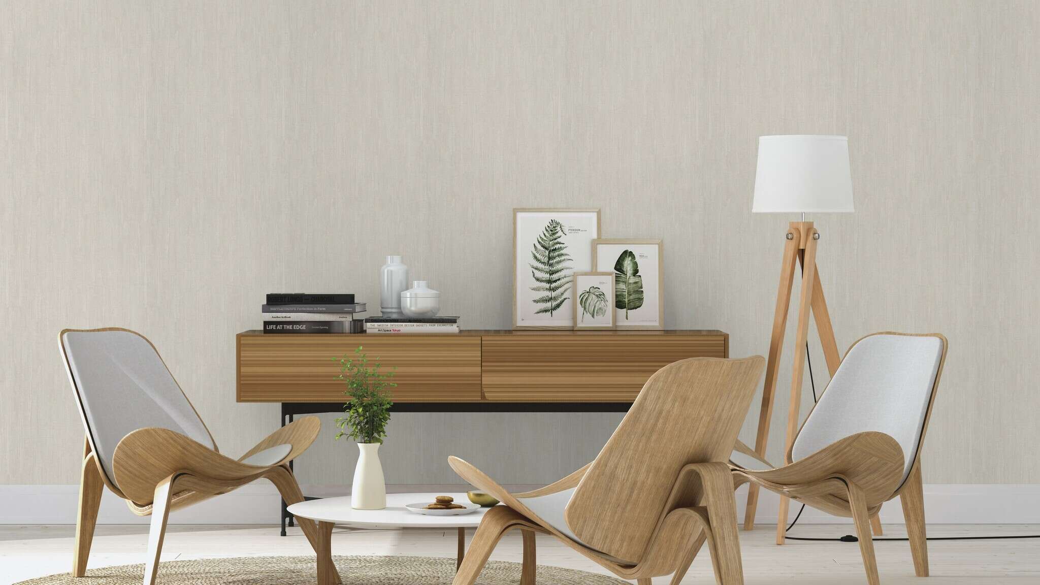 10-480917 Raumsituationen 2 Raum mit Vliestapete mit textilem Eindruck in warmem Beige – wirkt weich, wohnlich und natürlich.
