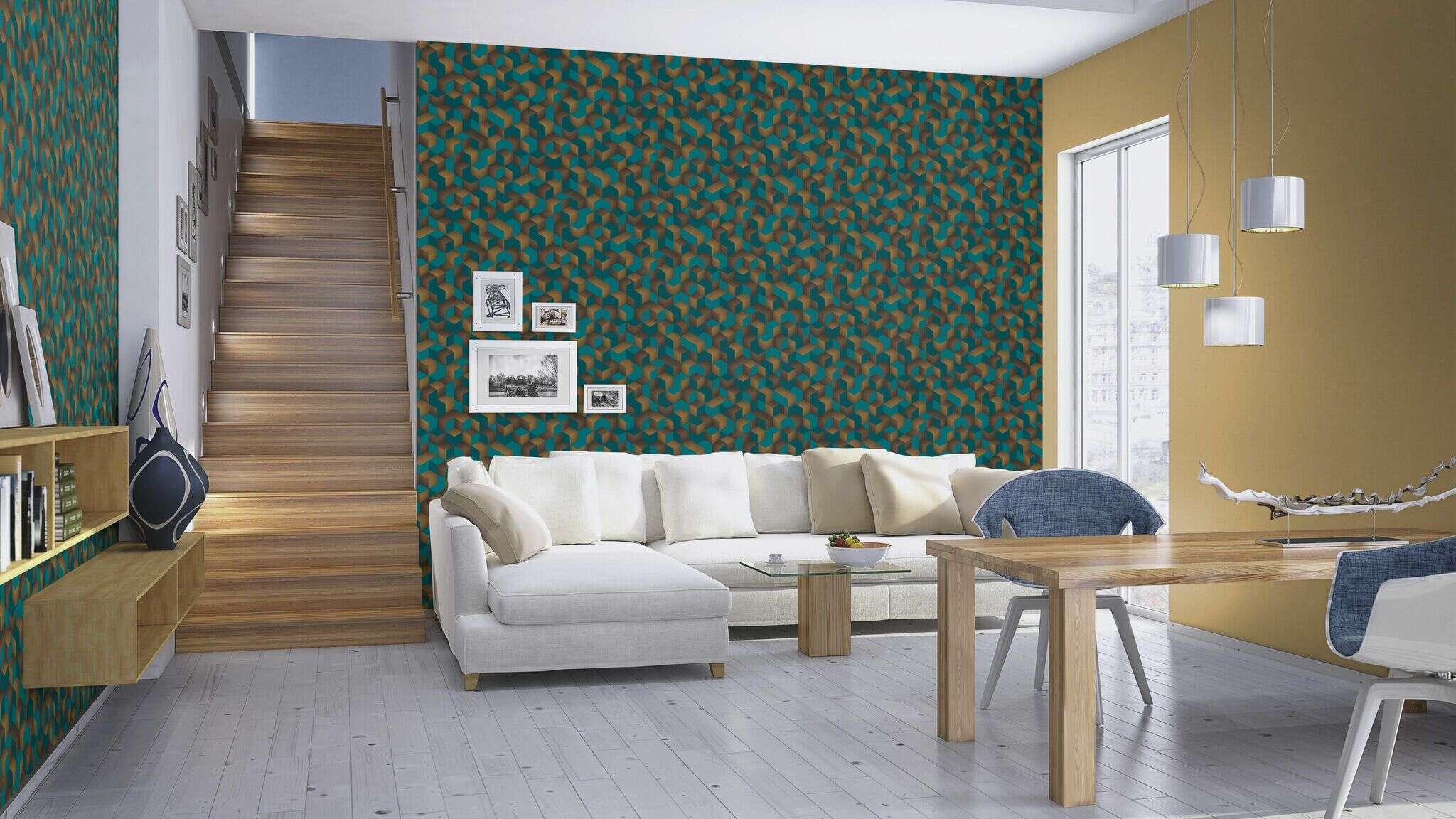 10-403909 Raumsituationen 1 Room with Eye-catching geometric wallpaper with 3D cubes in blue and gold for impressive accent walls