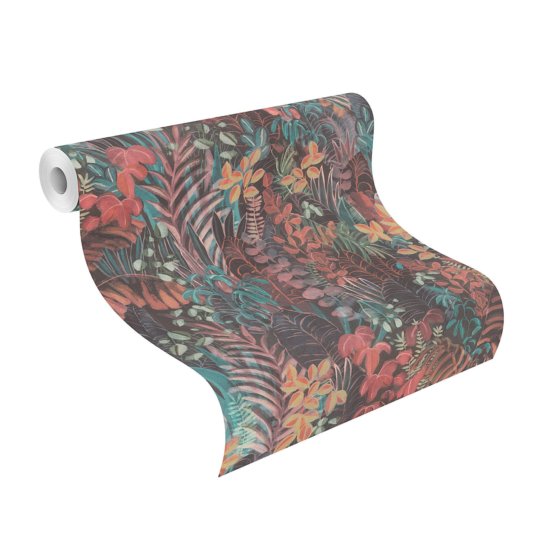 10-600636 Rolle abgerollt 1 Unrolled wallpaper roll with Tropical wallpaper with hand-painted leaves