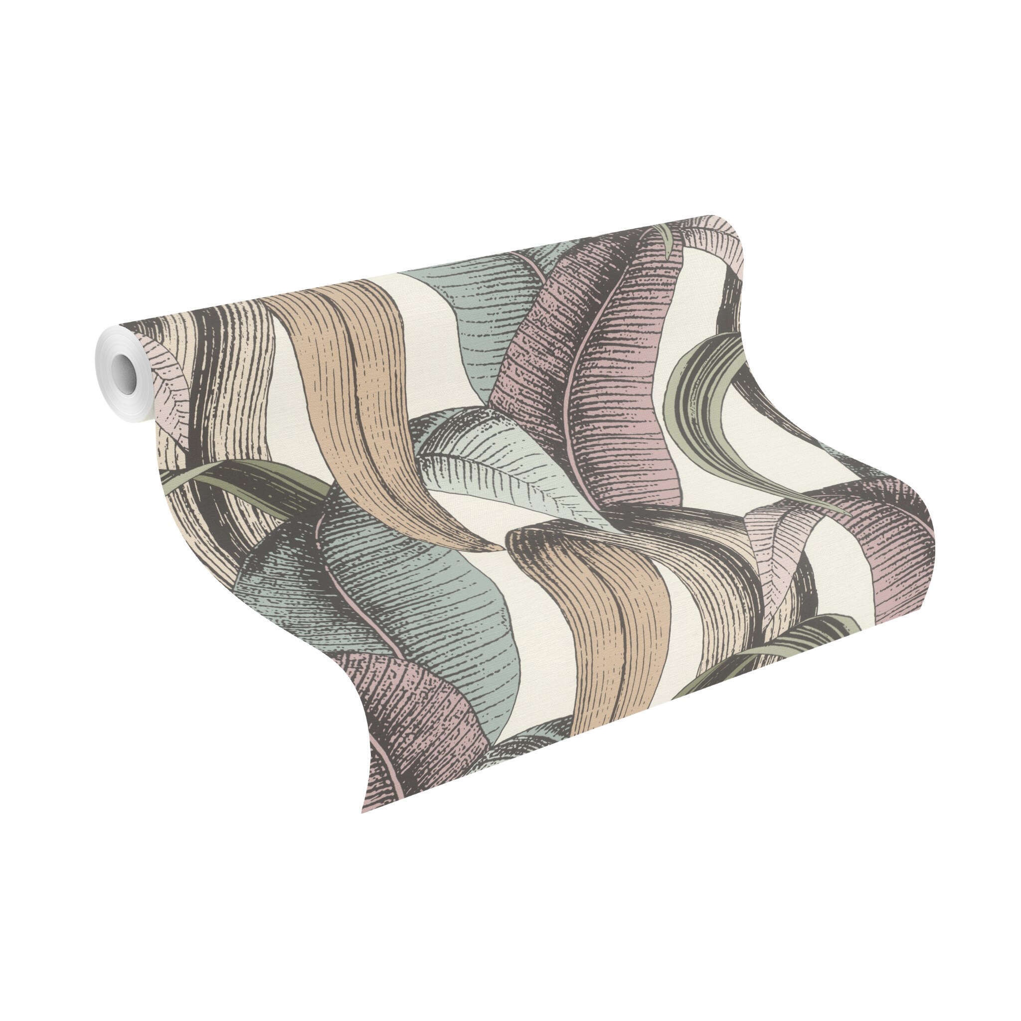 10-867961 Rolle abgerollt 1 Unrolled wallpaper roll with Leaves in soft shades of beige, rose, mint and green on a cream-white background