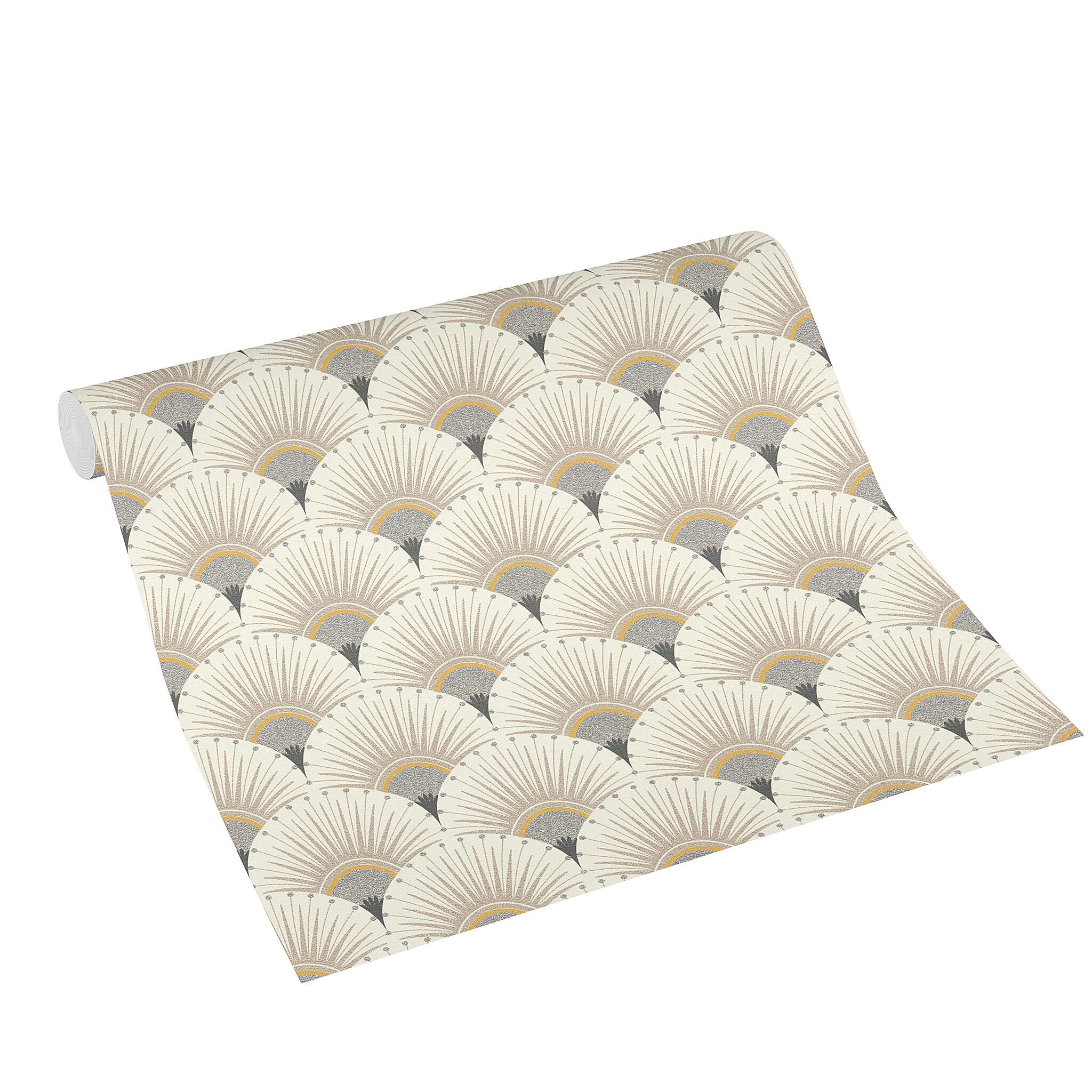 10-637649 Rolle abgerollt 3 Unrolled wallpaper roll with Wallpaper with stylised peacock fan in Art Deco style
