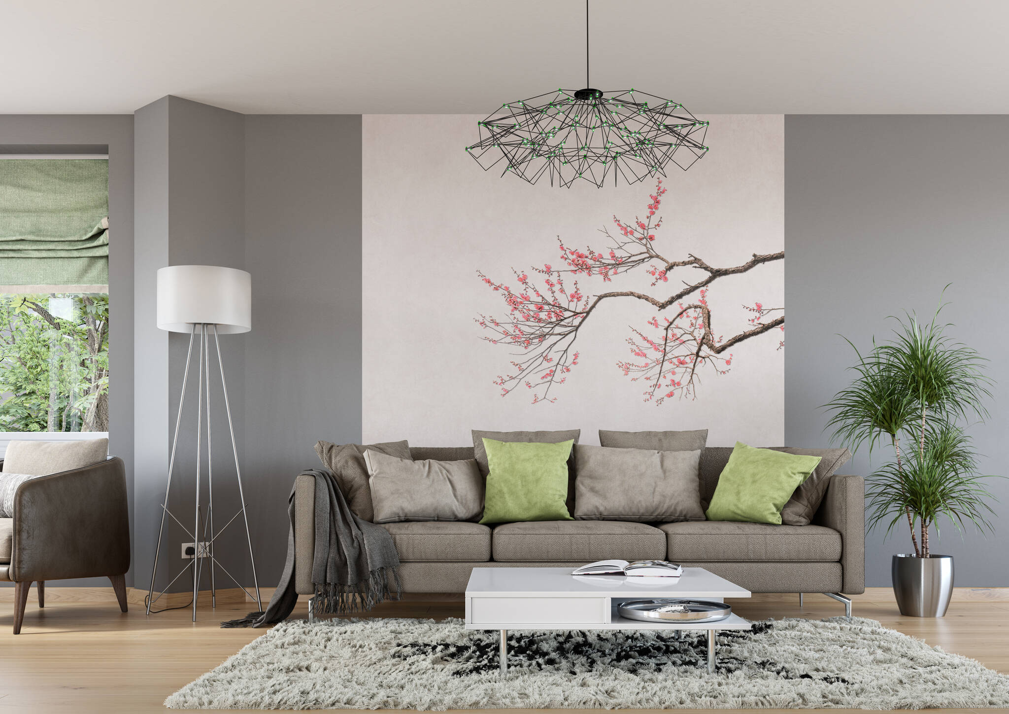 Wohnzimmer mit Wandbild - Kirschblüten-Zweig auf beige-braunem Hintergrund mit Rosa Blüten