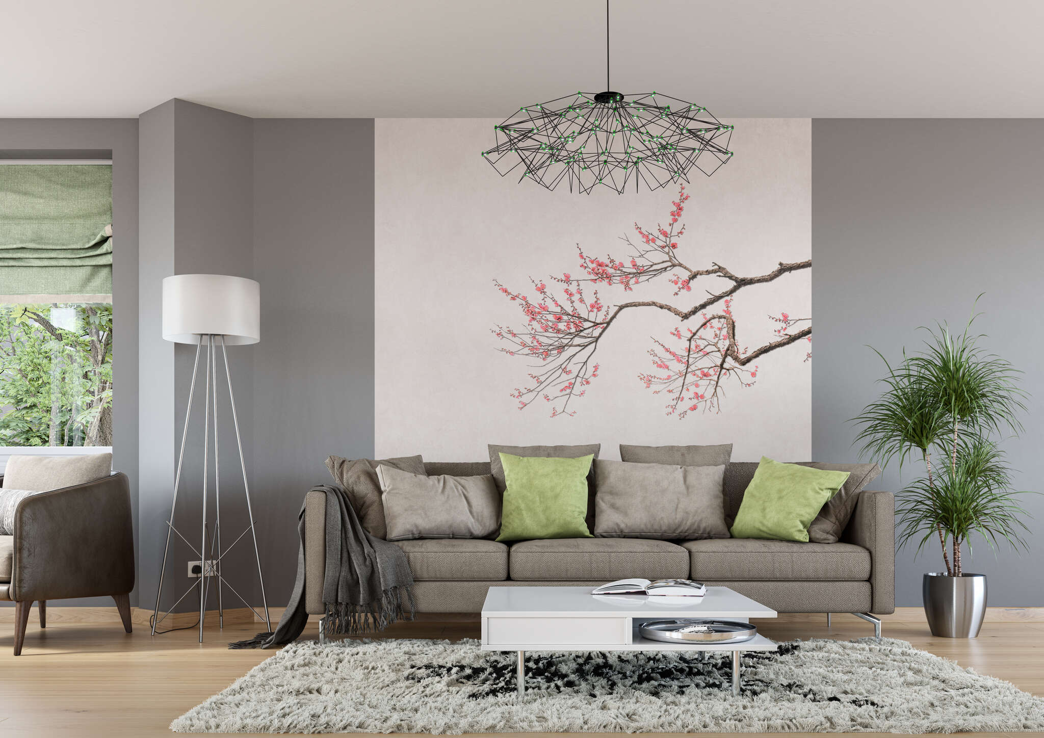 Wohnzimmer mit 361087 - Wandbild - Kirschblüten-Zweig auf beige-braunem Hintergrund magicwalls Fototapete 361087