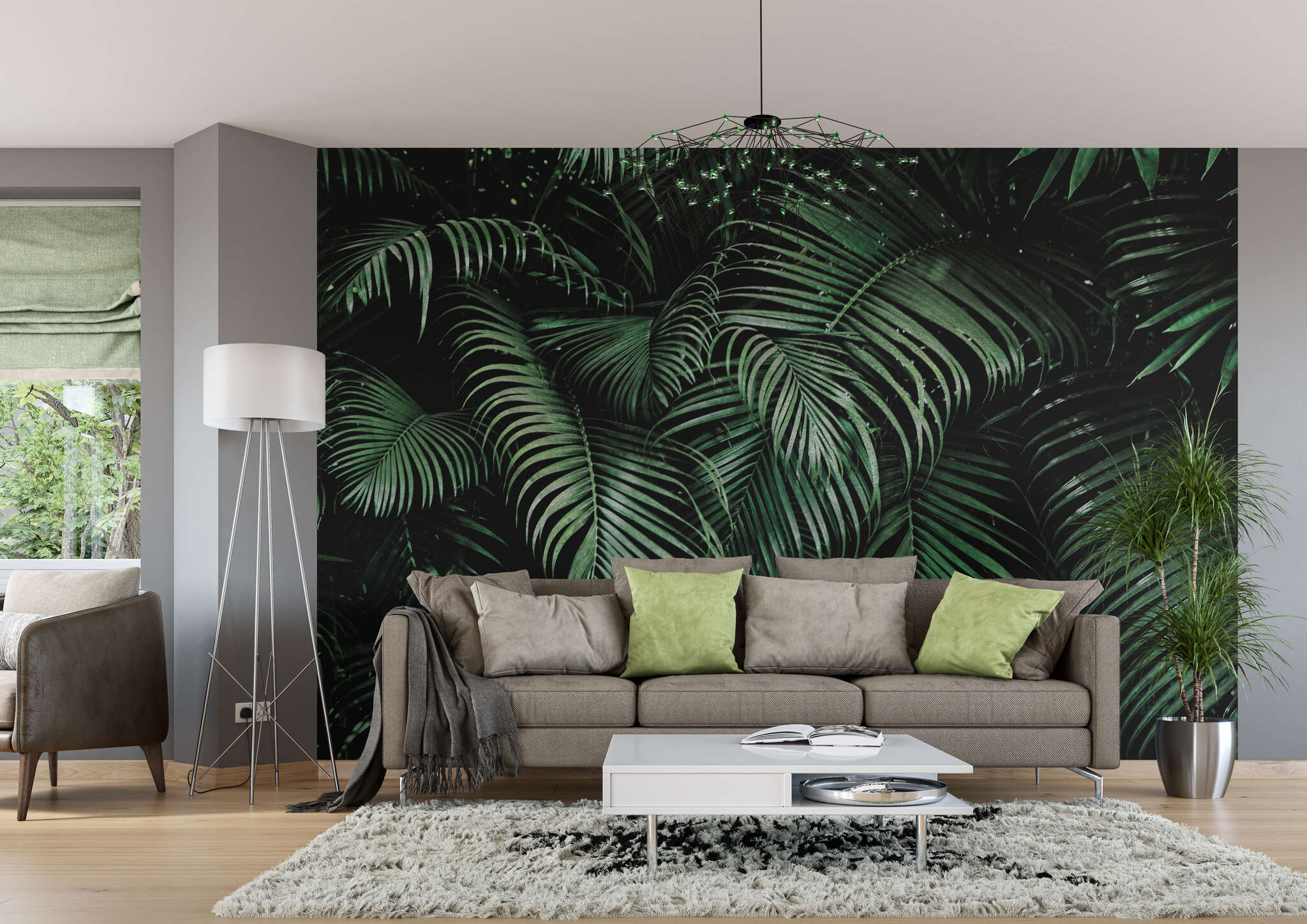 Wohnzimmer mit 363104 - Fototapete - Grüne Palmenblätter mit 3D-Effekt magicwalls photo wallpaper 363104