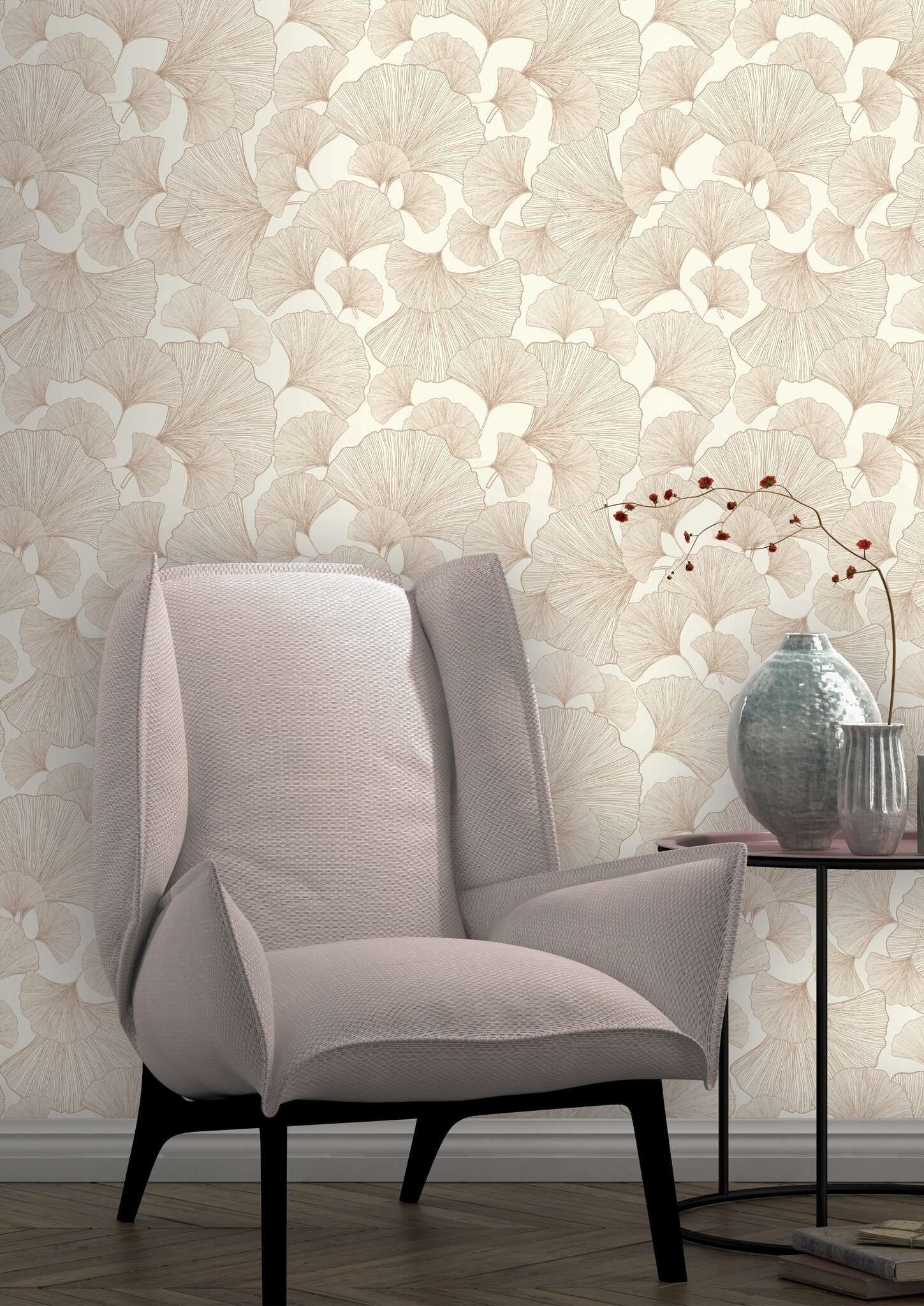 10-462296 Raumsituationen 1 Room with Large-scale ginkgo pattern in delicate pink on a cream-white background – feminine, airy and modern.