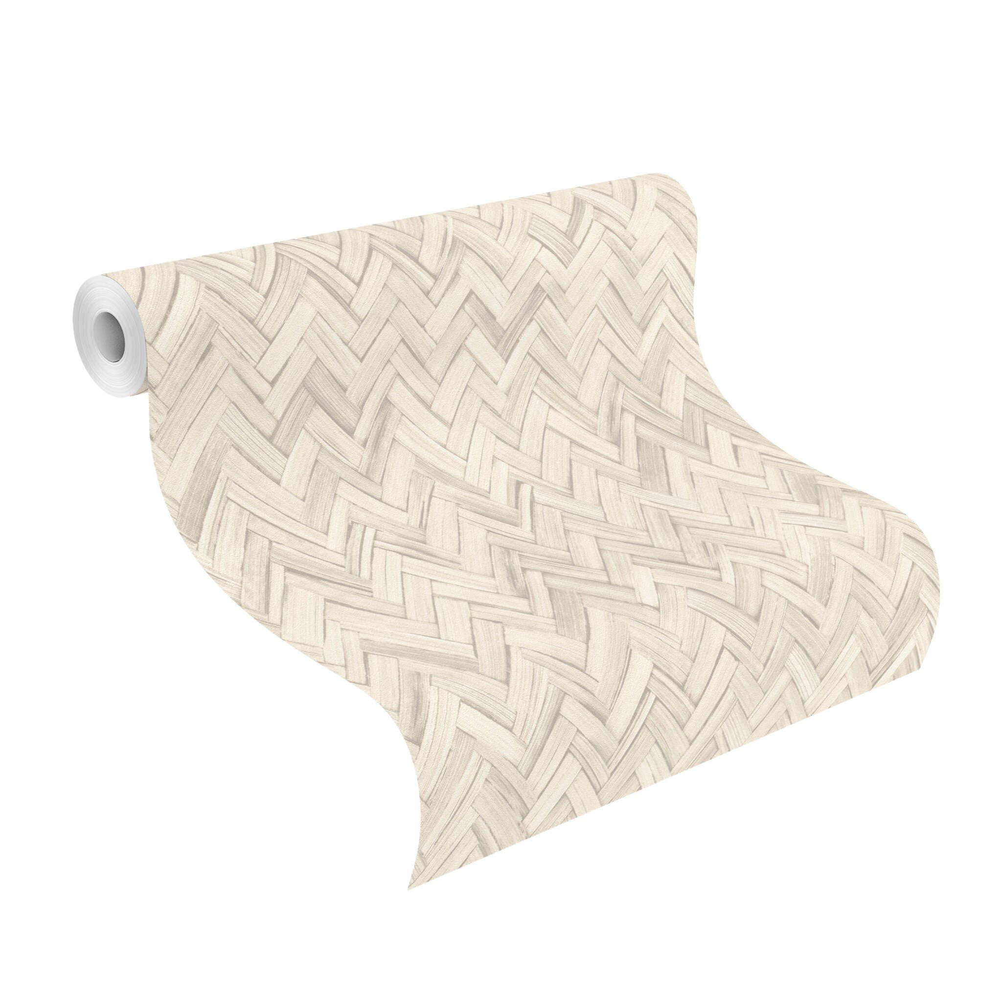 10-410372 Rolle abgerollt 1 Unrolled wallpaper roll with Light non-woven wallpaper in a whitish bamboo look with a fine herringbone pattern – airy, calm and timeless.