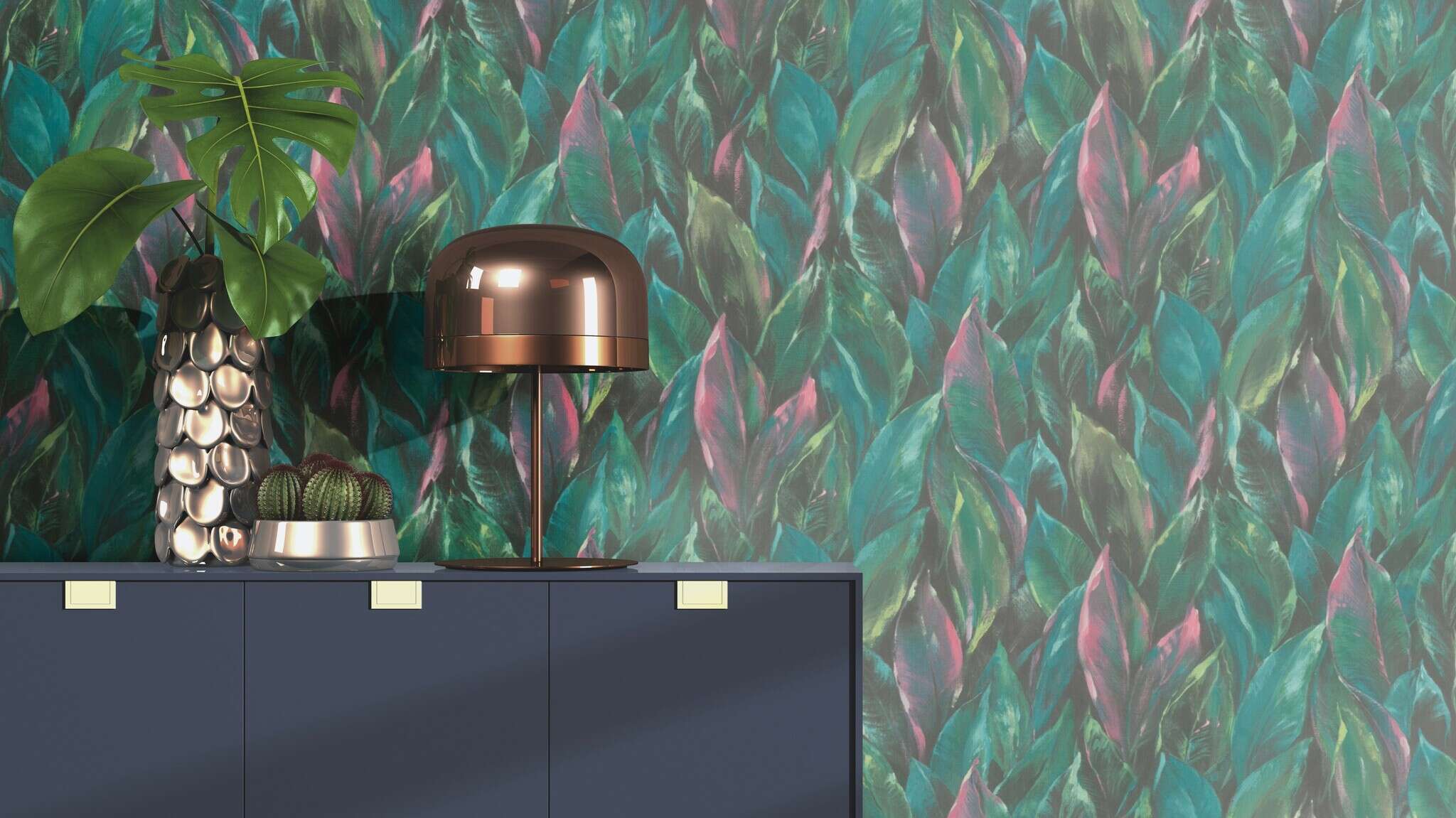 10-537352 Raumsituationen 2 Room with Large leaves in green, pink and turquoise are evenly distributed across the wall