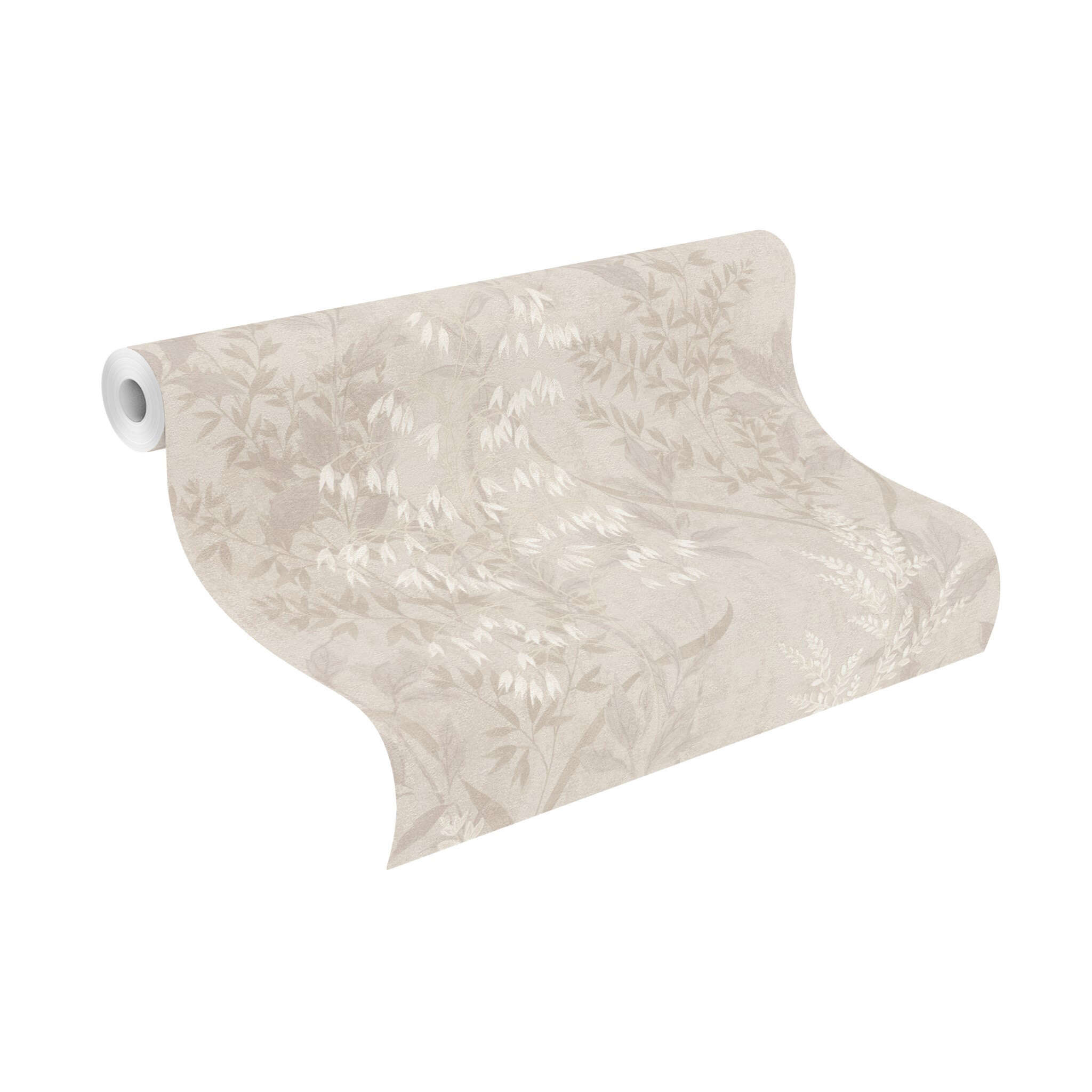 10-285000 Rolle abgerollt 1 Unrolled wallpaper roll with Subtle wallpaper with slightly shiny leaf tendrils and floral elements in tone-on-tone beige