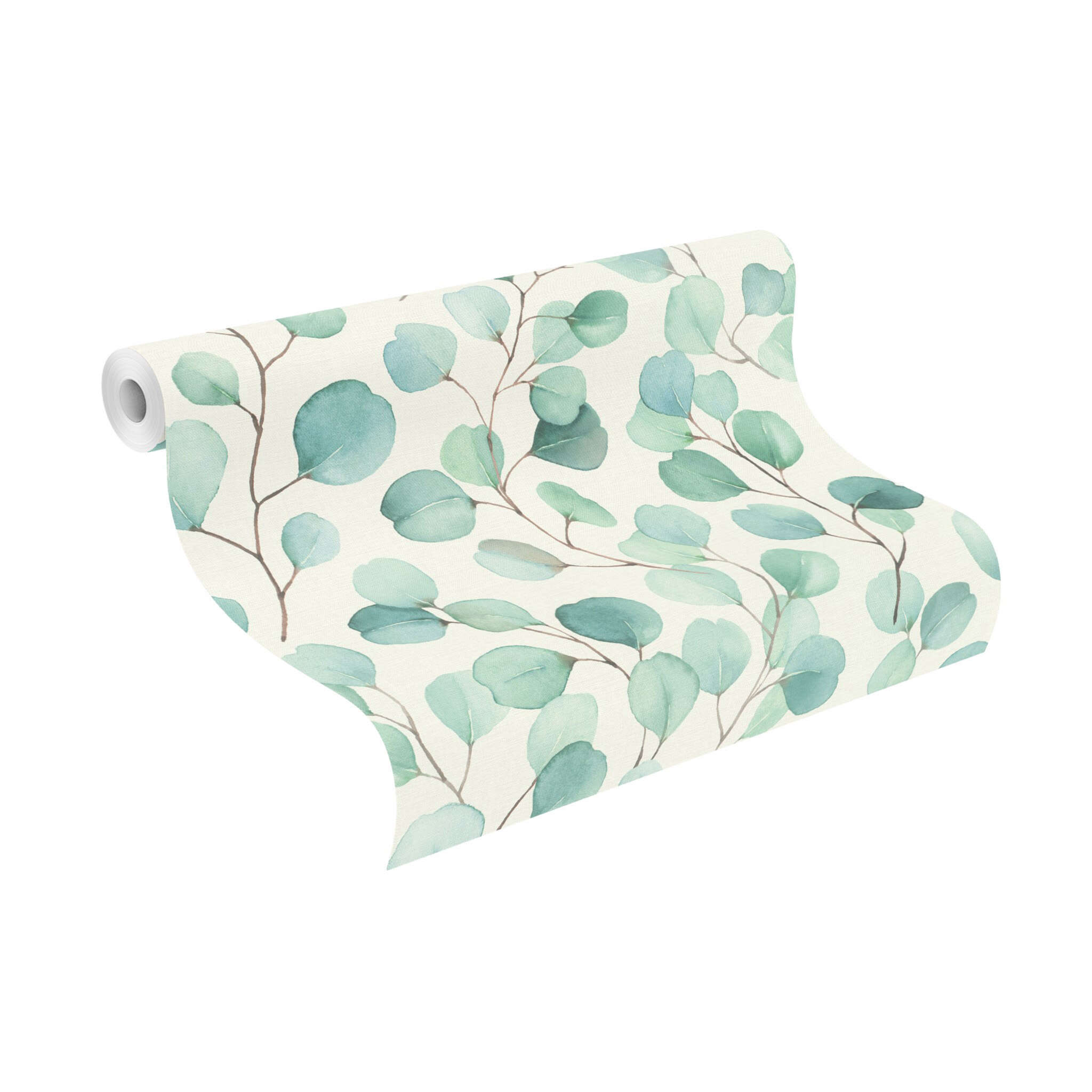 10-691702 Rolle abgerollt 1 Rouleau de déroulé avec Papier peint avec des feuilles d'eucalyptus dans un style aquarelle