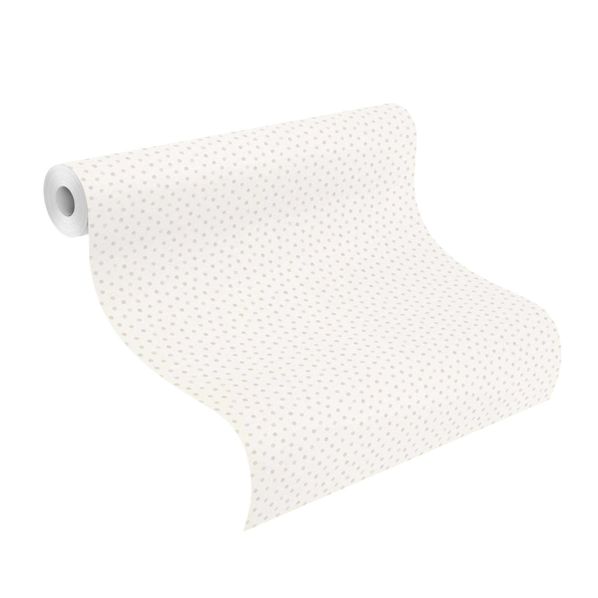 10-253030 Rolle abgerollt 1 Unrolled wallpaper roll with Subtle dot wallpaper with a regular pattern of small grey dots on a light background