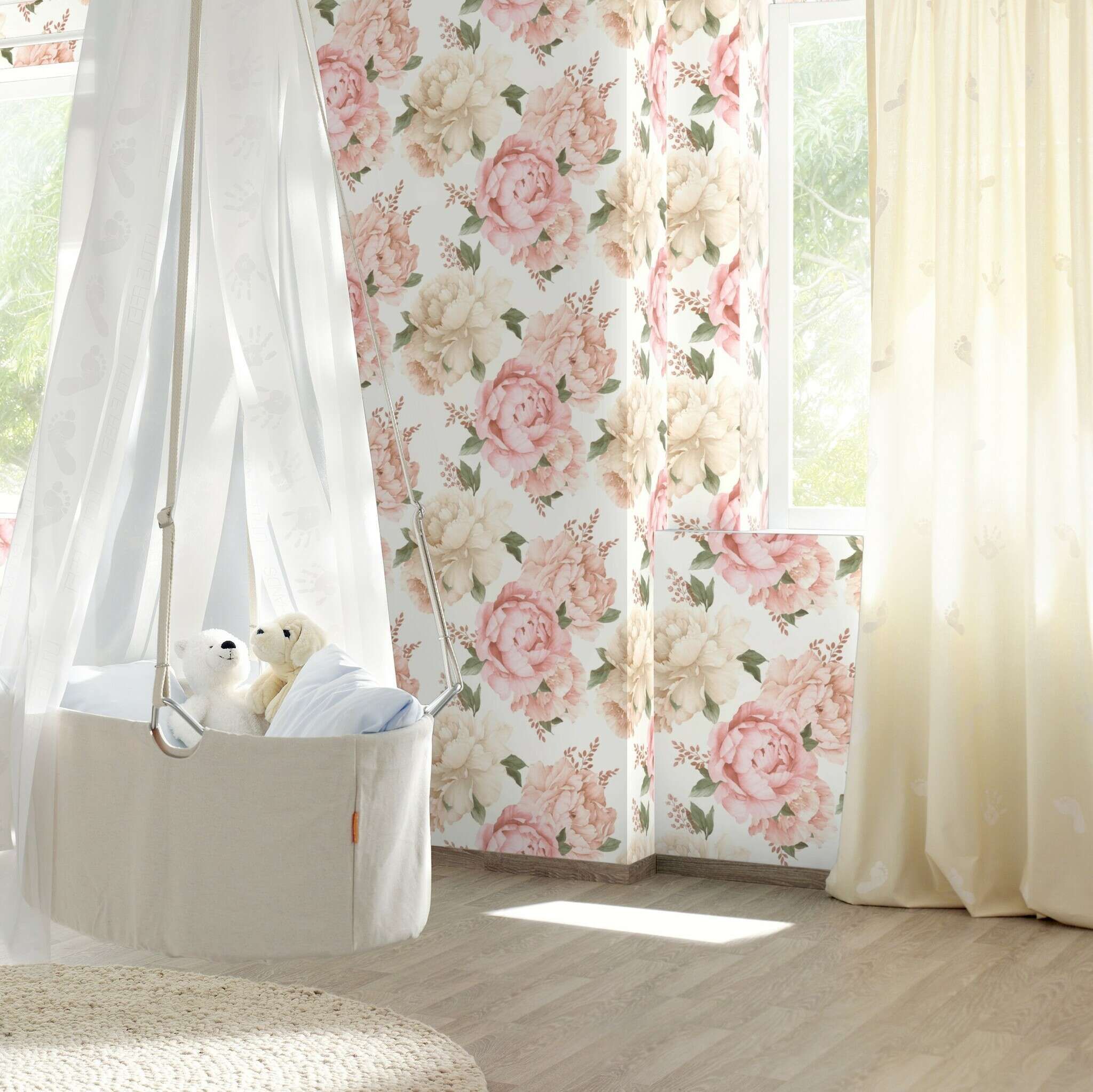 10-278705 Raumsituationen 2 Room with Romantic floral wallpaper with detailed peonies in delicate pastel shades
