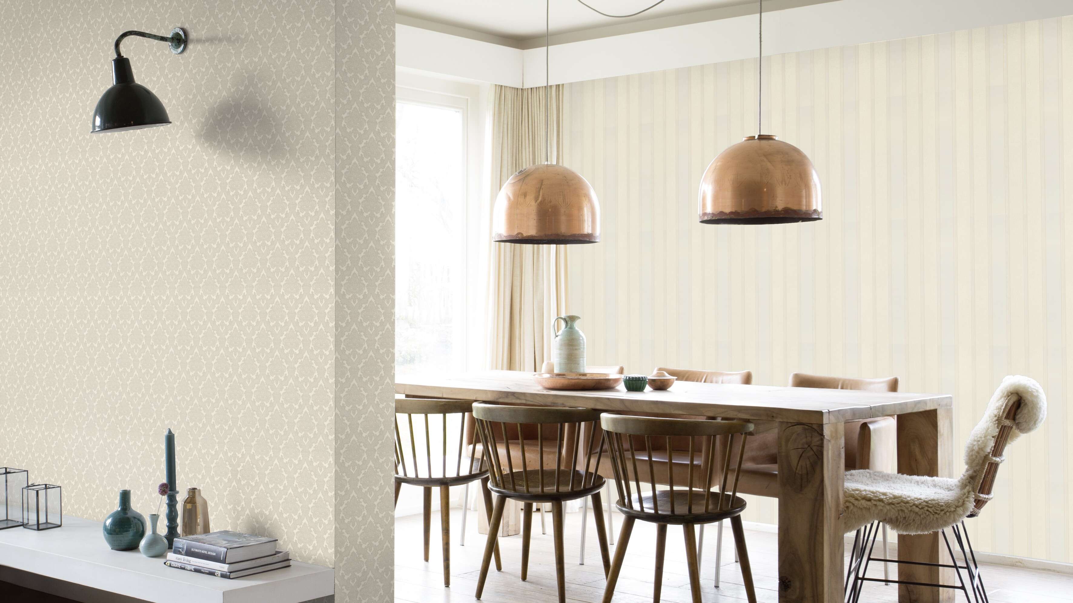 10-421026 Raumsituationen 1 Room with Non-woven wallpaper with a fine, vertical striped pattern in various shades of beige.