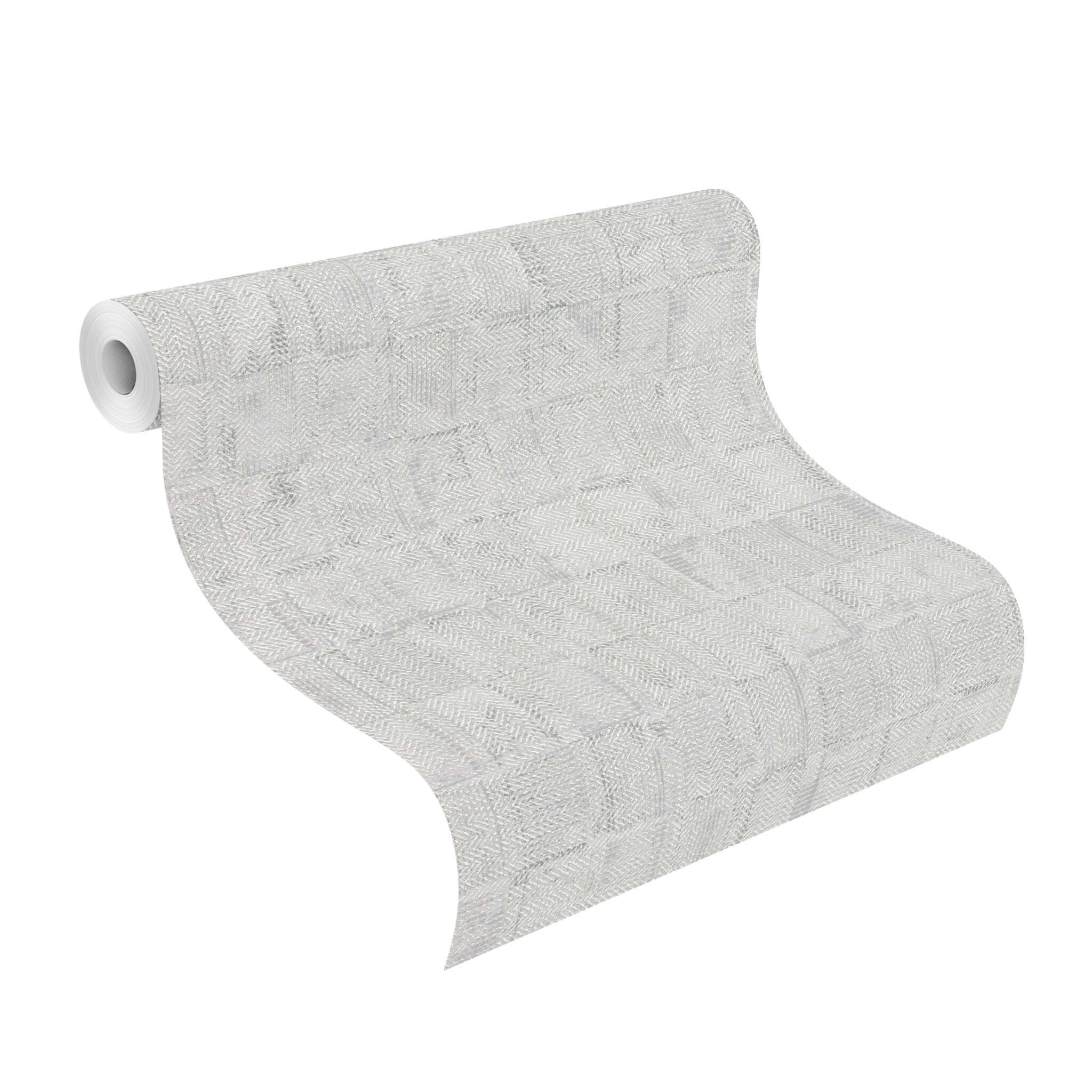 10-314731 Rolle abgerollt 1 Unrolled wallpaper roll with Silver-grey non-woven wallpaper with a woven patchwork texture and a slightly raised look