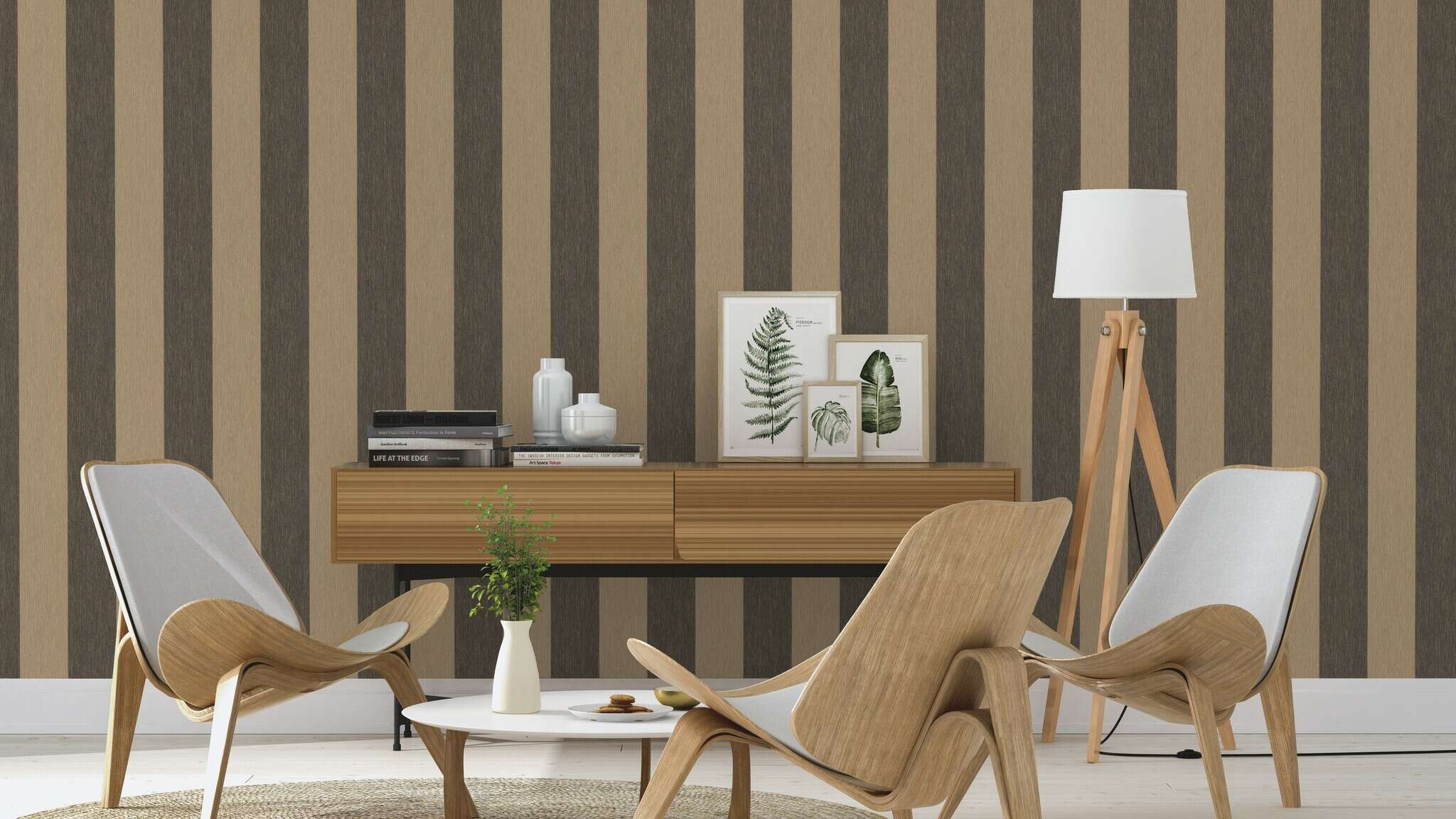 10-844030 Raumsituationen 2 Room with Wallpaper with block stripes and grooved texture
