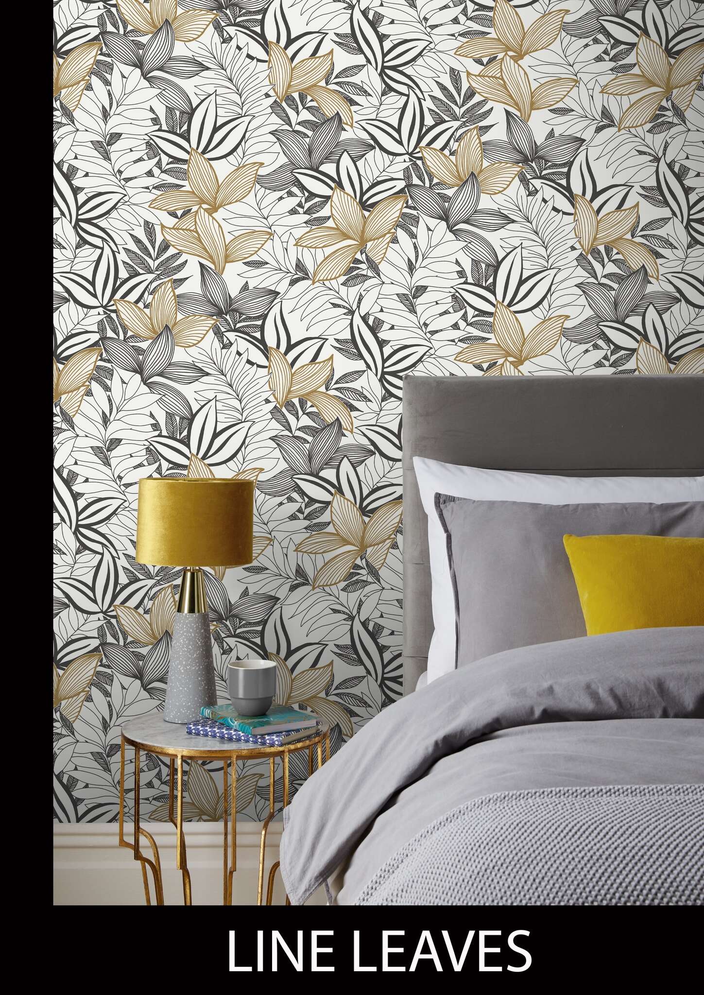 10-691009 Raumsituationen 1 Une chambre avec Dessin esquissé de différentes feuilles en noir avec des détails en jaune doré sur fond blanc crème