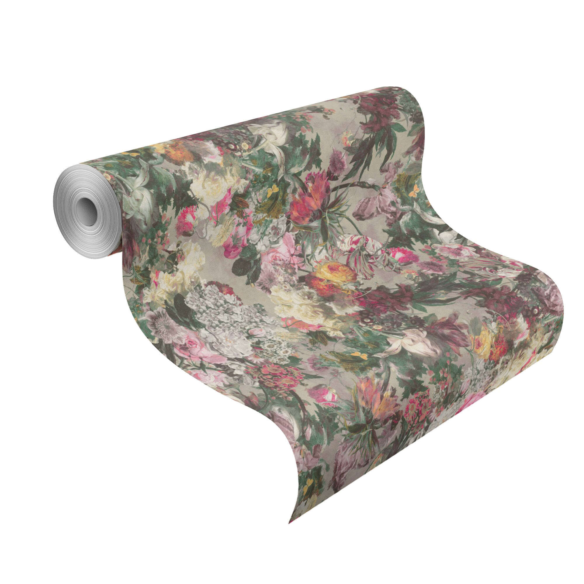 10-229929 Rolle abgerollt 1 Rollenabbildung mit Florale Tapete mit üppigem Blumenmuster auf hellem Hintergrund, Ölbild-Optik