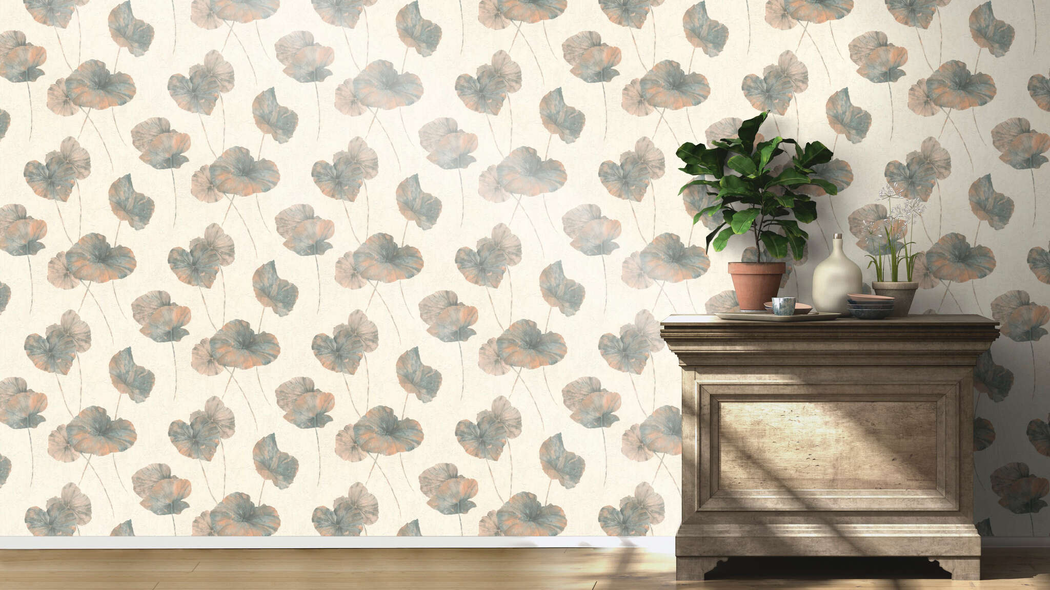 10-458220 Raumbilder 2 Water lily non-woven wallpaper in blue-blue-grey Selection 458220