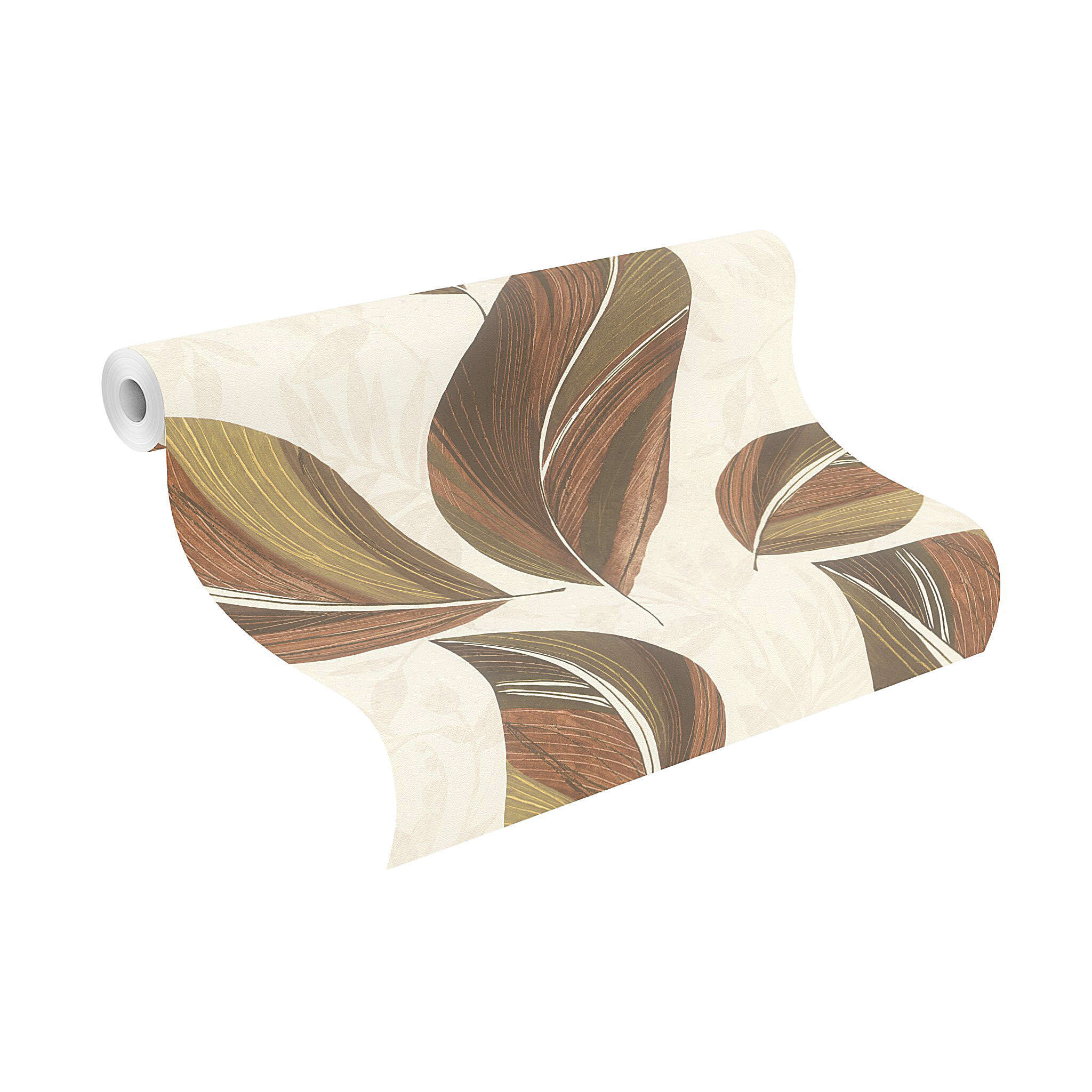 10-792010 Rolle abgerollt 1 Unrolled wallpaper roll with Large leaves in warm colours with hinted plants in a whitewashed look