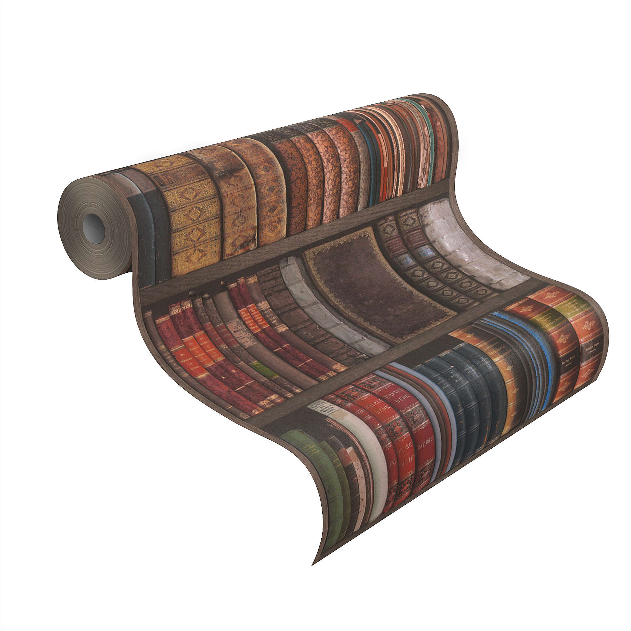 10-934809 Rolle abgerollt 1 Unrolled wallpaper roll with Photorealistic antique library with coloured book spines