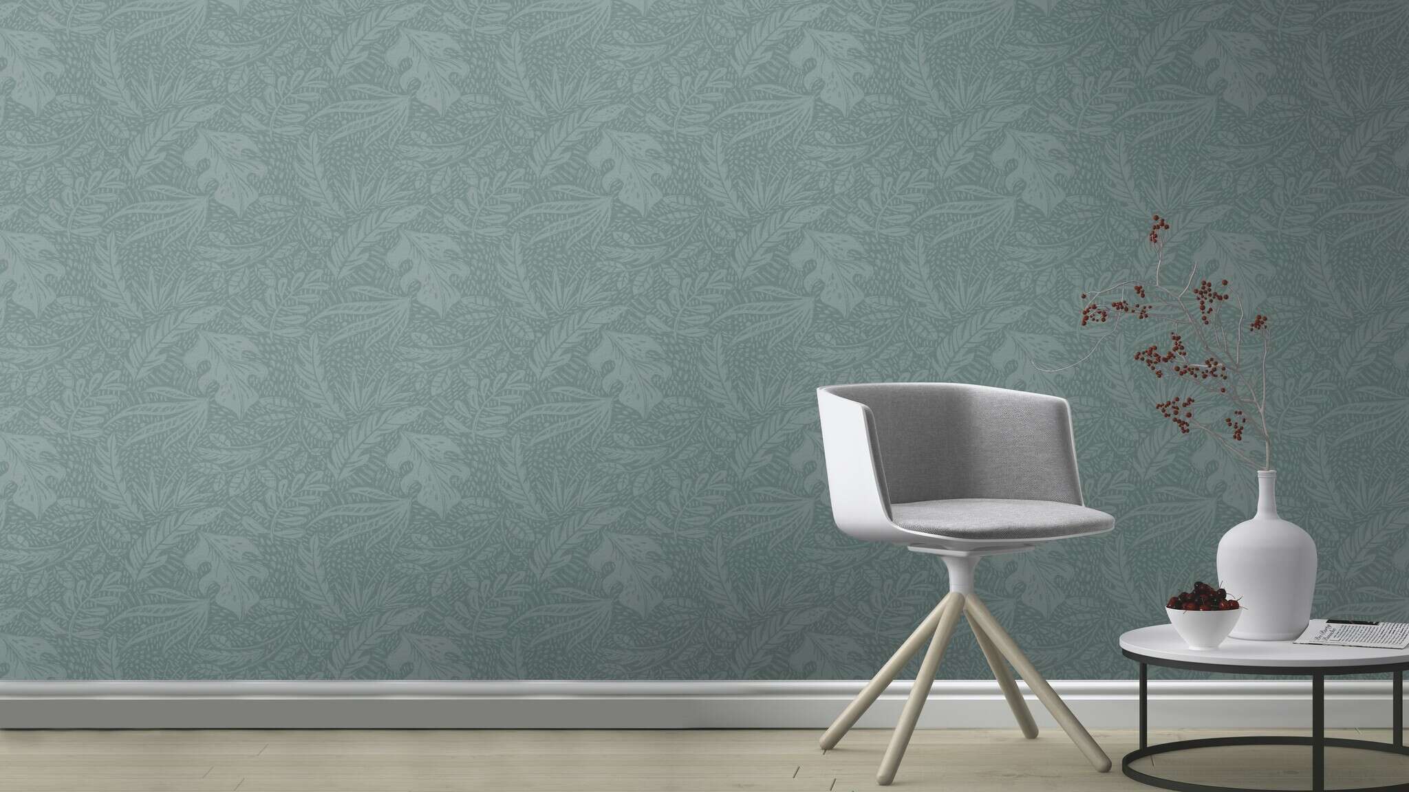 10-553024 Raumsituationen 5 Leaves non-woven wallpaper in green-grey 553024