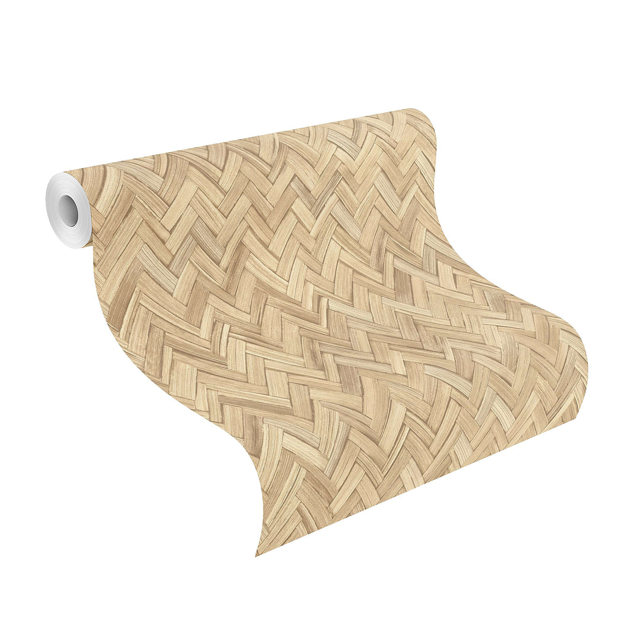 10-410334 Rolle abgerollt 1 Unrolled wallpaper roll with Non-woven wallpaper in a natural bamboo look in light beige with a herringbone structure for a warm room feel.