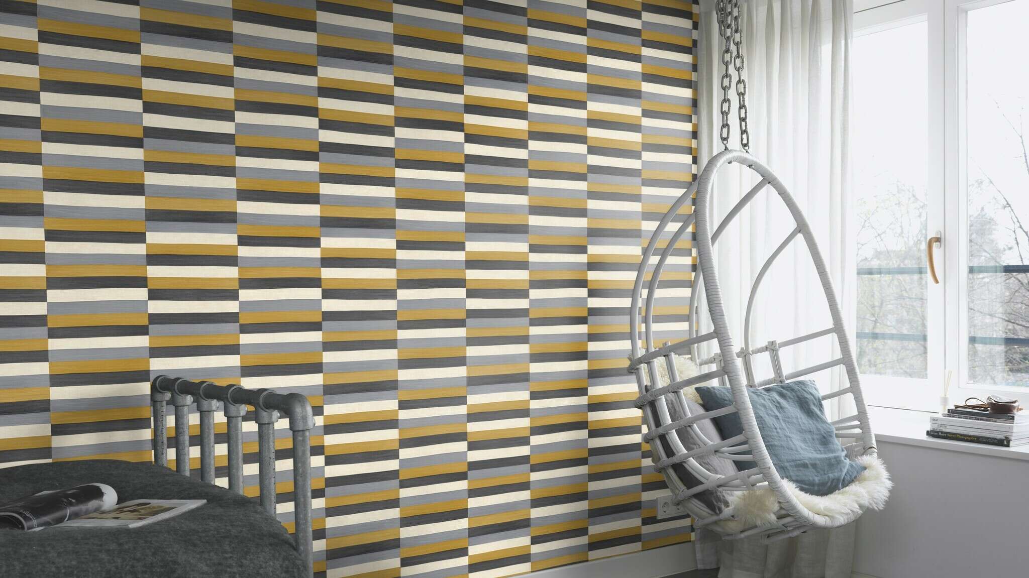 10-418729 Raumsituationen 2 Leather-look non-woven wallpaper in yellow-ochre Selection 418729