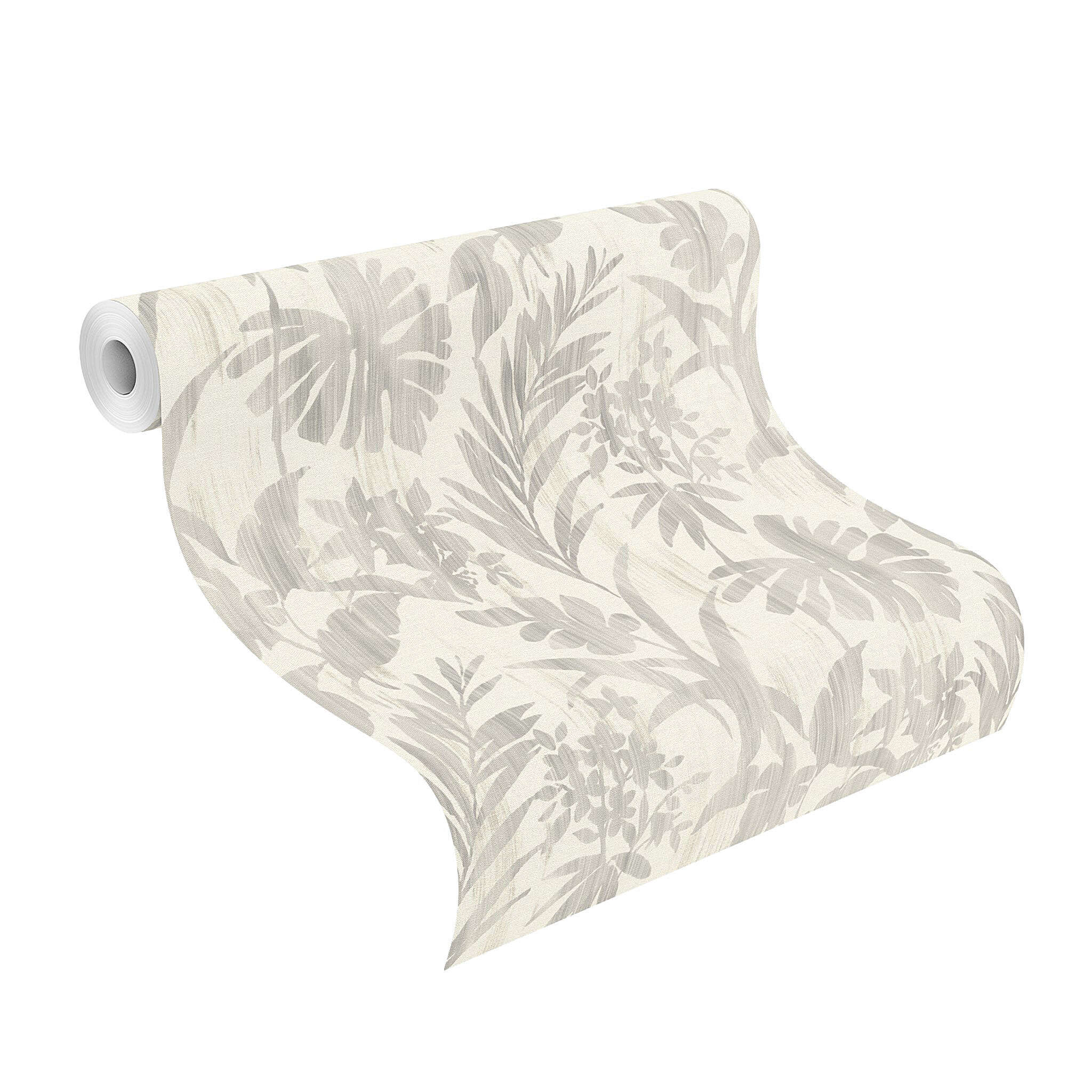10-410556 Rolle abgerollt 1 Unrolled wallpaper roll with Non-woven wallpaper with tropical leaf pattern in various shades of grey on a light background.