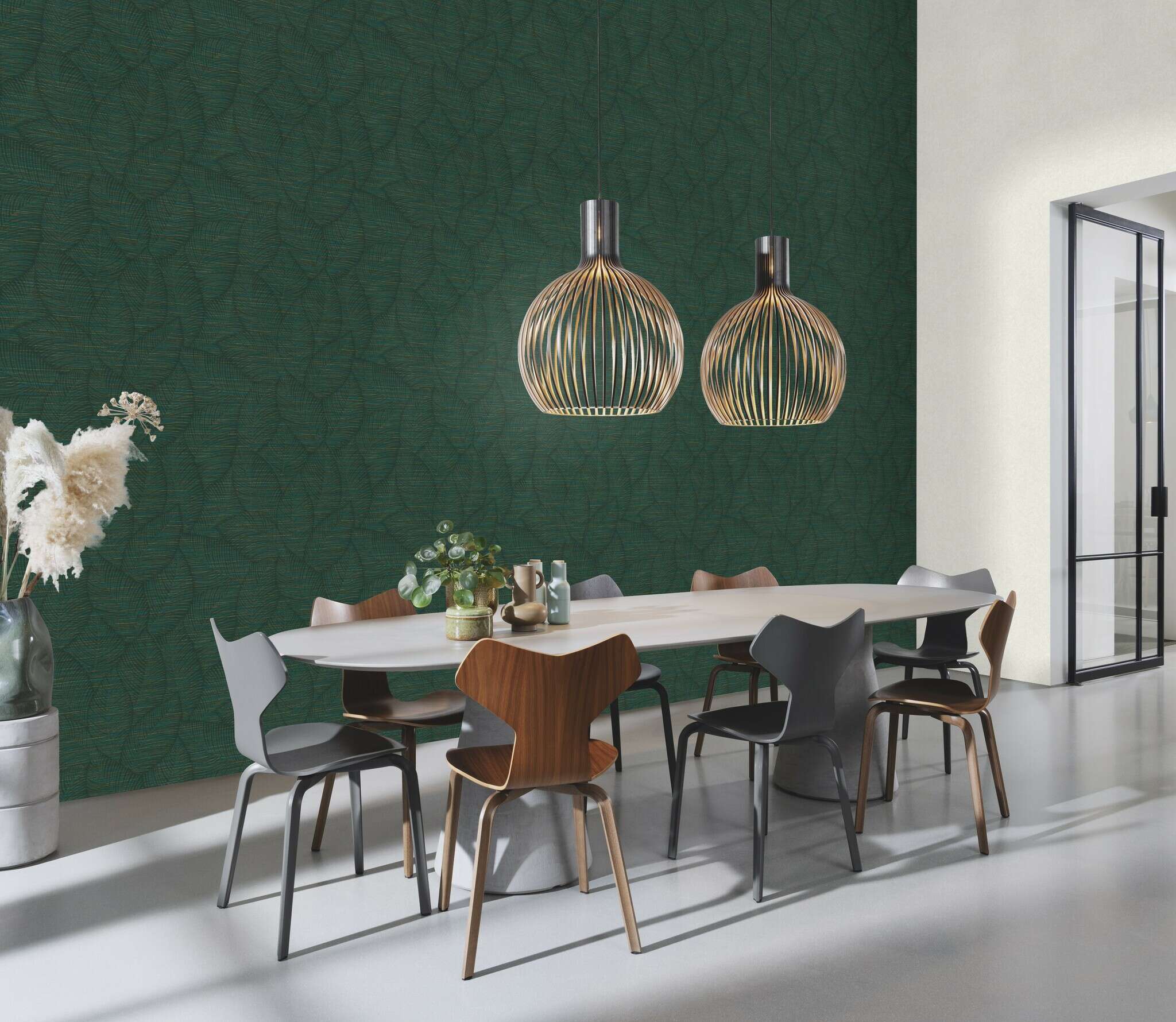 10-866827 Raumsituationen 4 Room with Coarse fabric pattern in shades of green with foliage in dark green