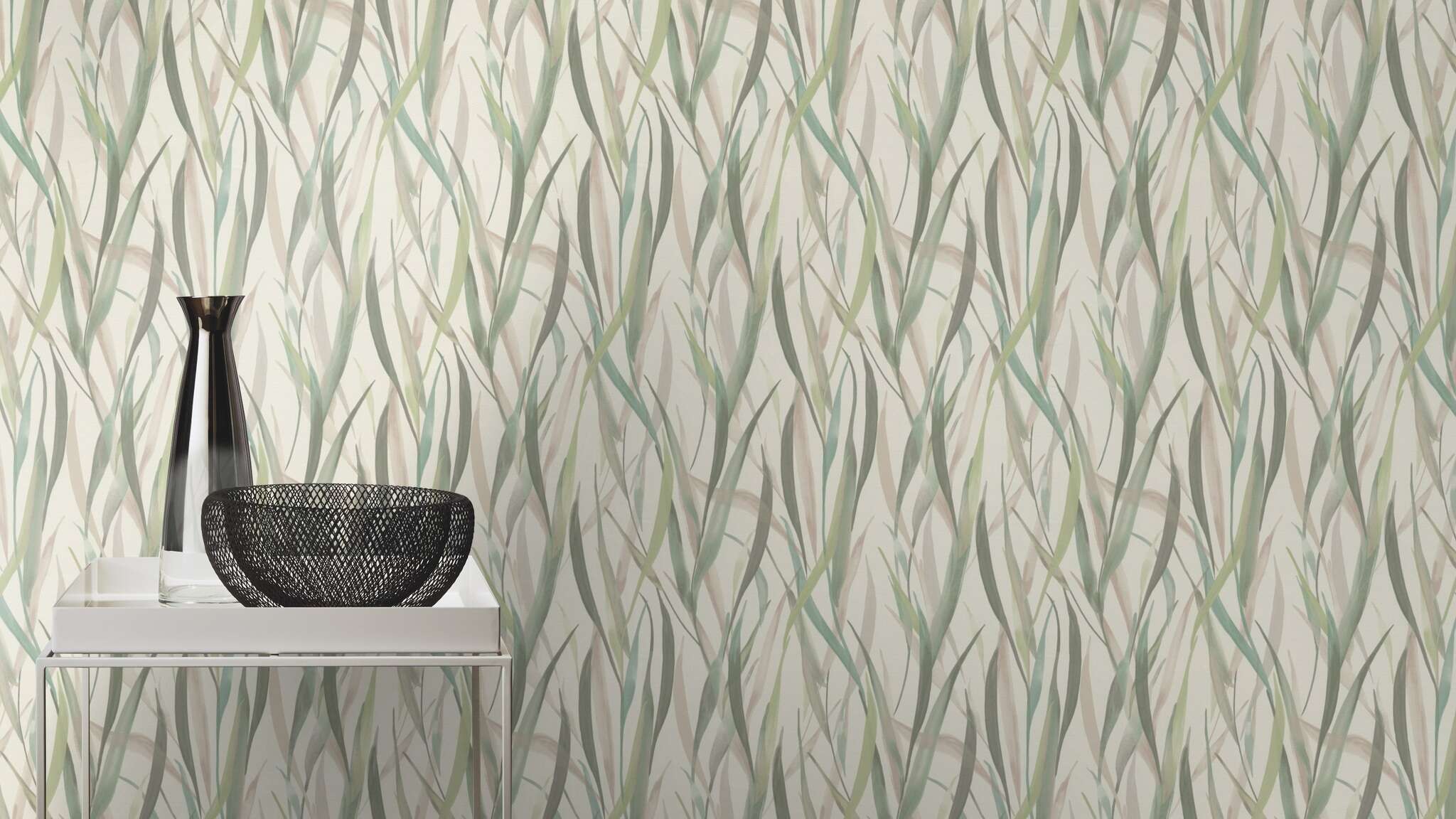 10-330212 Raumsituationen 1 Room with Green watercolour grasses on a light background – a fresh, natural atmosphere for modern rooms.