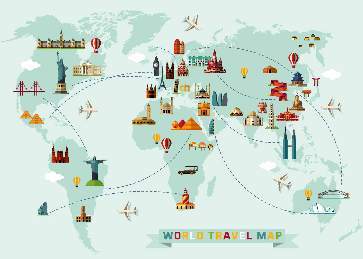 Wandbild - Weltkarte für Kinder mit Wahrzeichen & Kulturdenkmälern und angedeuteten Reiserouten