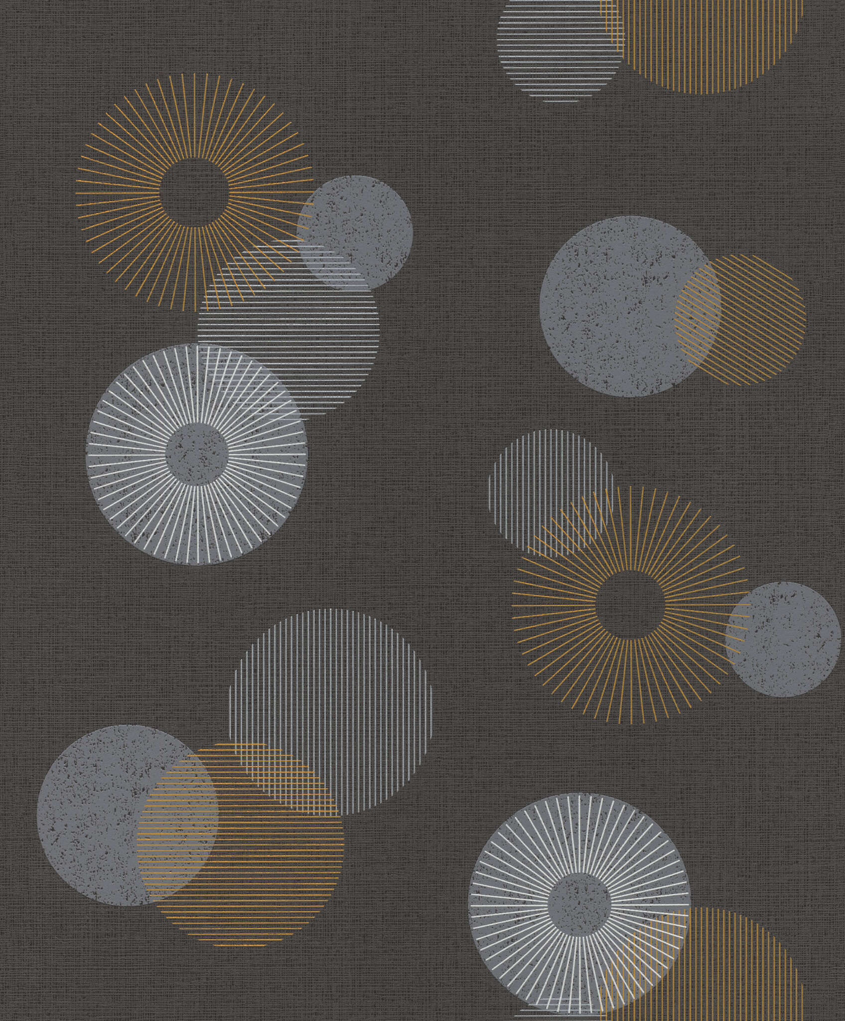 10-311501 Artikelscan 1 Dark wallpaper with a graphic pattern of circles in various sizes in grey, gold and copper