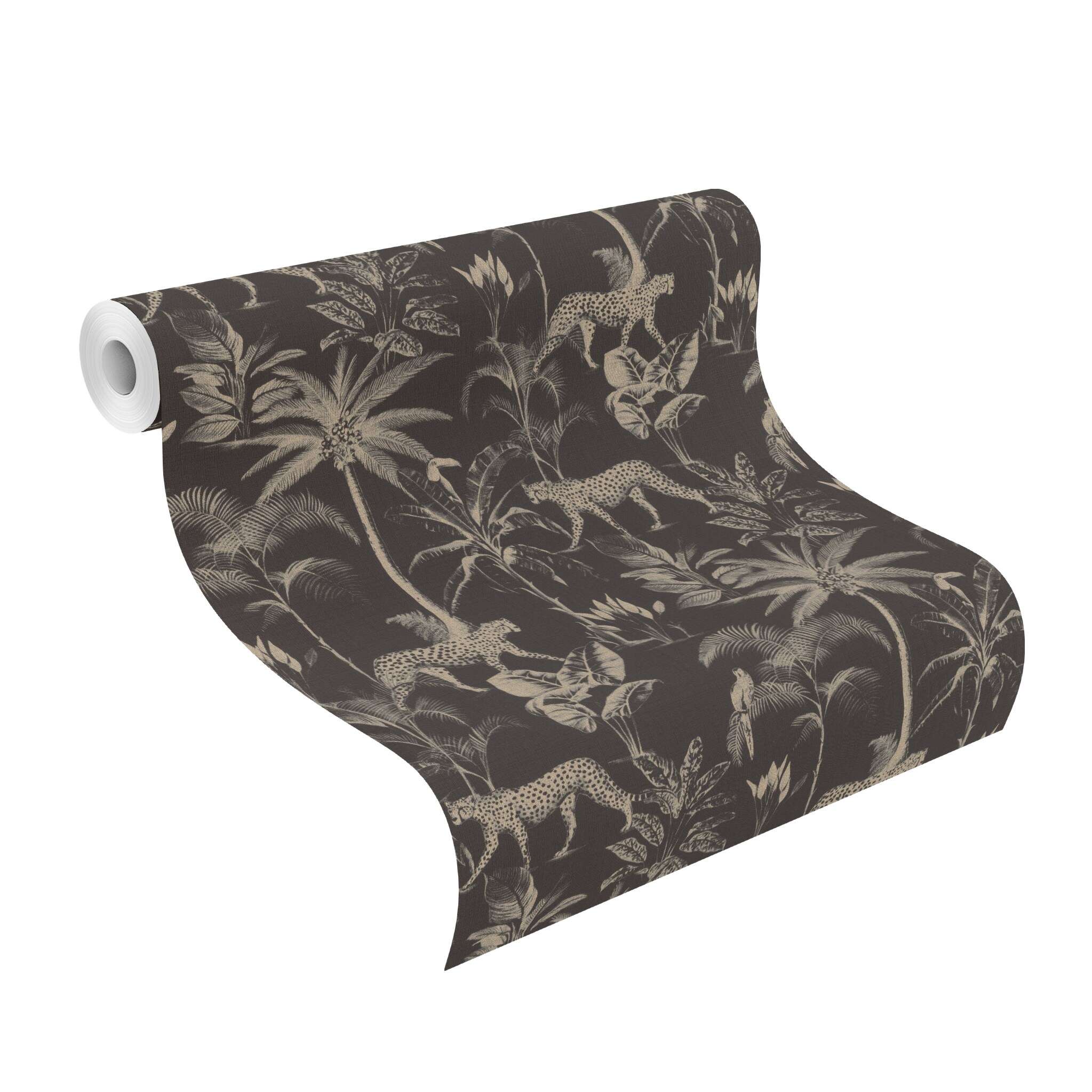 10-409031 Rolle abgerollt 1 Rouleau de déroulé avec Papier peint non tissé foncé avec motif jungle exotique, léopards et palmiers dans un style vintage.
