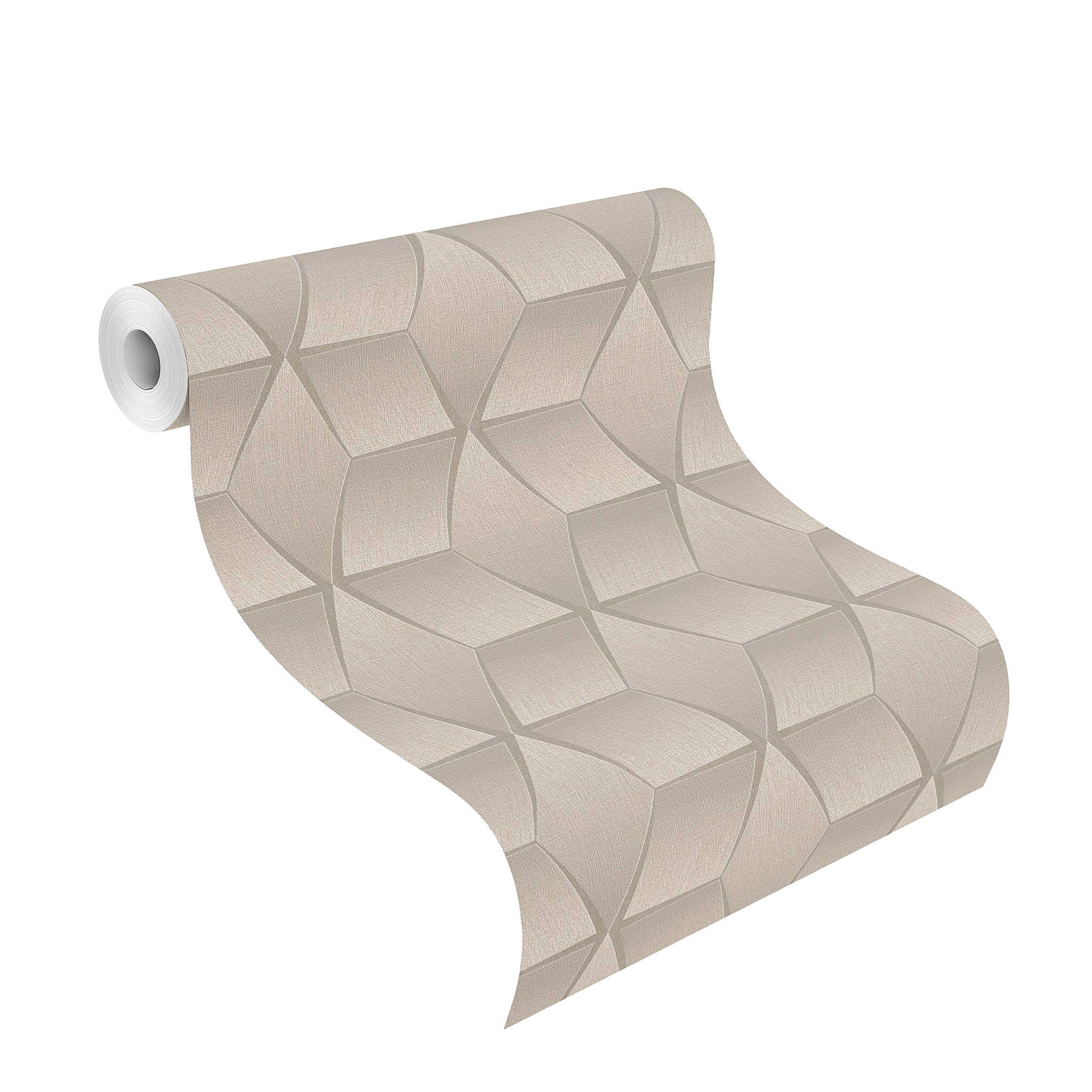 10-310603 Rolle abgerollt 1 Rouleau de déroulé avec Papier peint géométrique avec un motif diamant en relief dans des tons beiges chauds et légèrement brillants