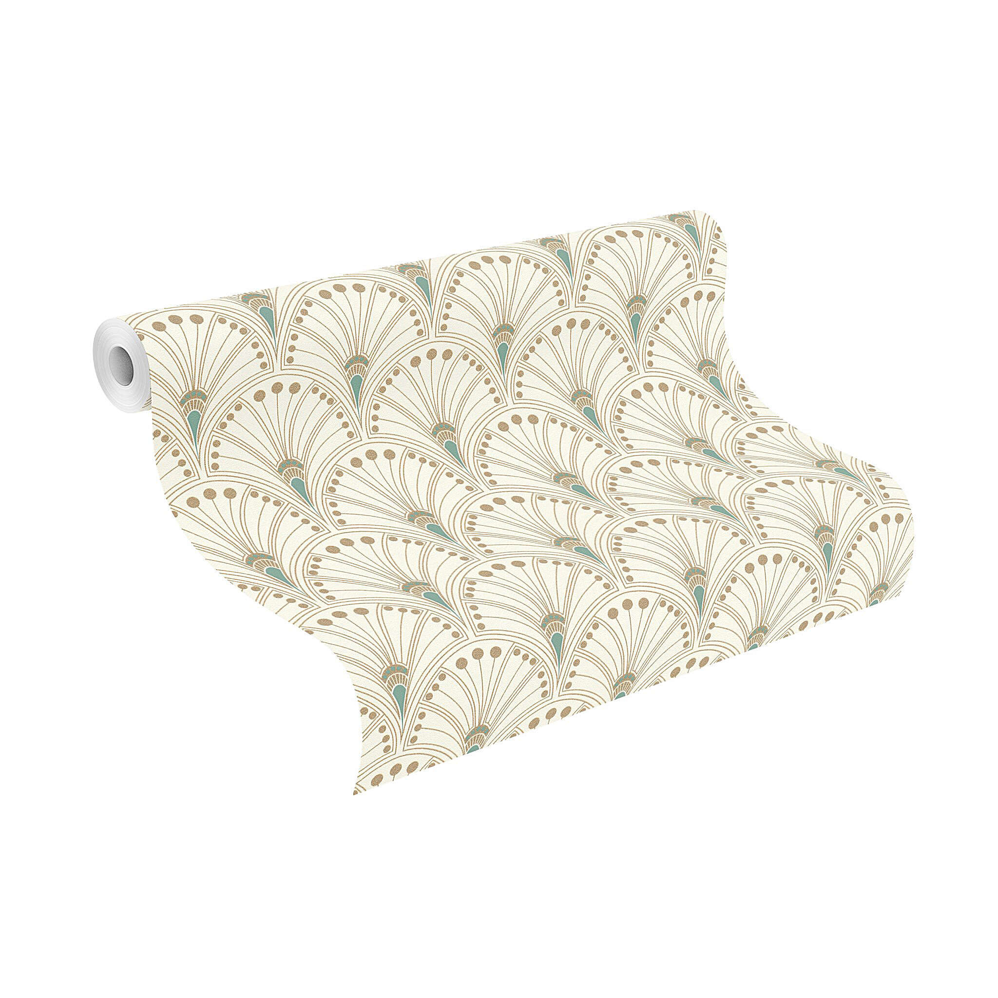 10-792232 Rolle abgerollt 1 Unrolled wallpaper roll with Art Deco-style wallpaper with stylised peacock fan
