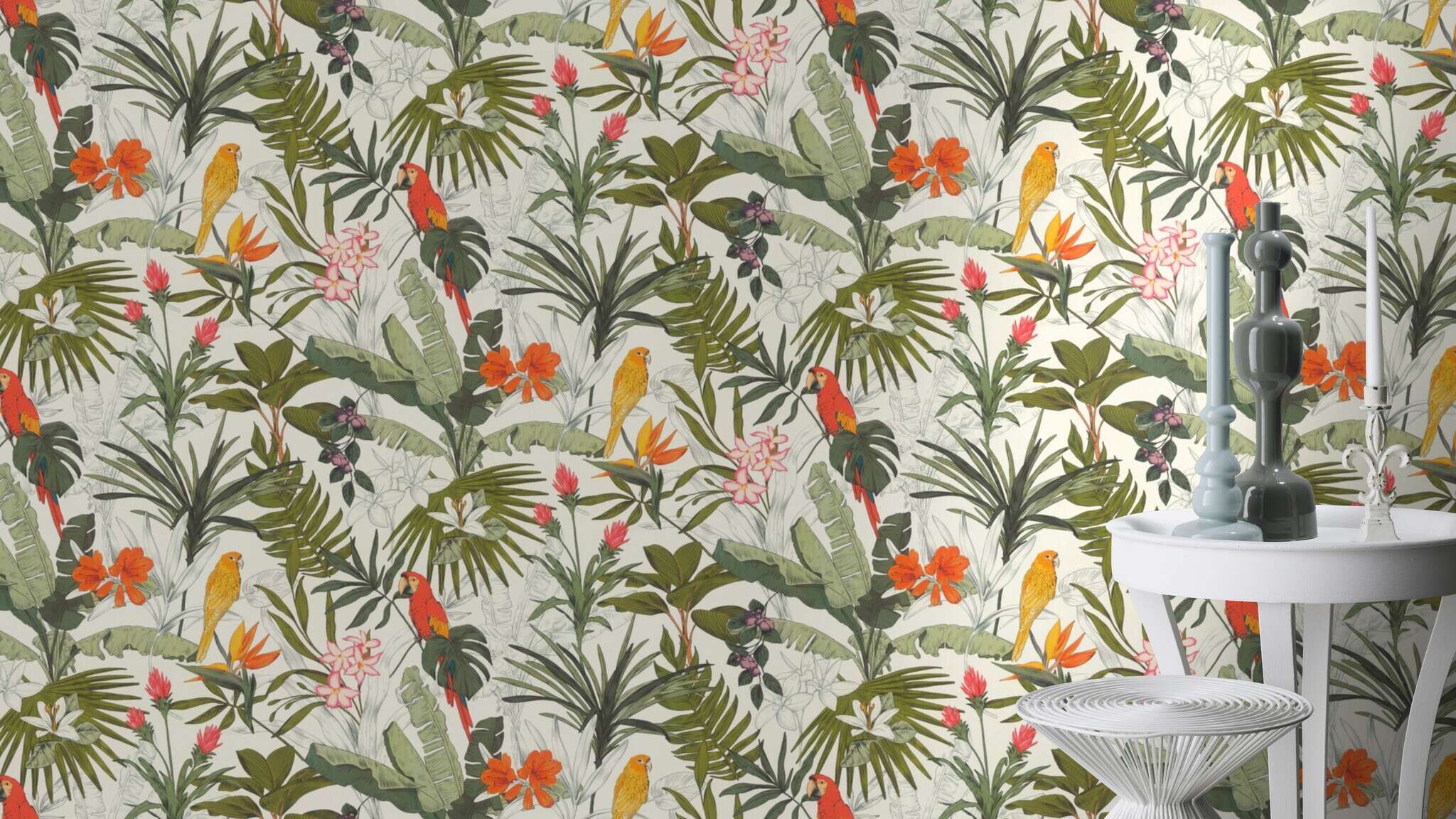 10-689907 Raumsituationen 4 Room with Wallpaper with tropical plants and parrots