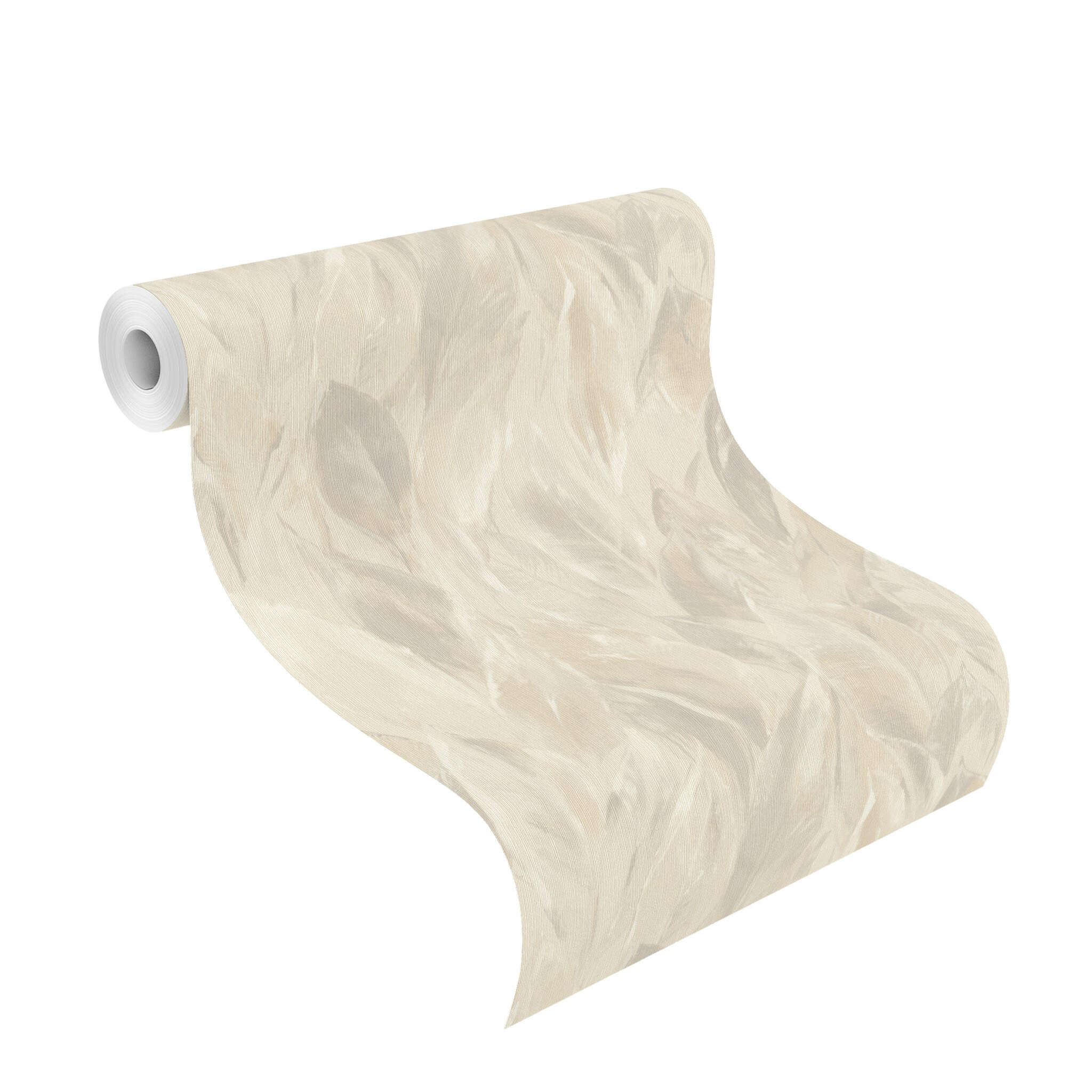 10-537338 Rolle abgerollt 1 Unrolled wallpaper roll with Large leaves in various shades of beige and grey are evenly distributed across the wall