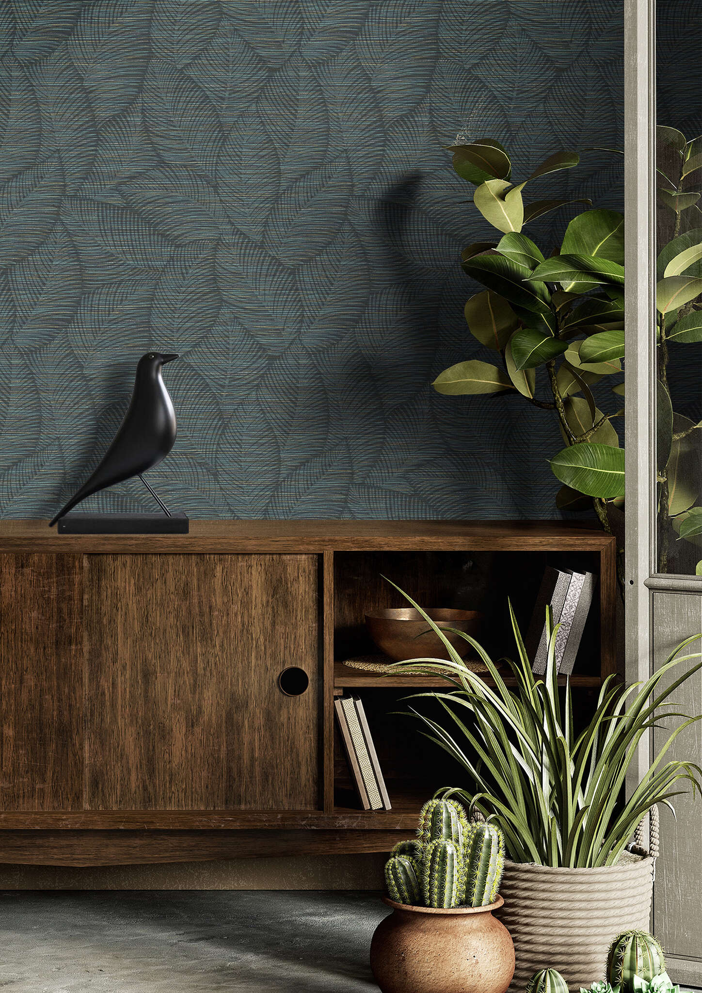 10-866827 Raumbilder 1 Room with Coarse fabric pattern in shades of green with foliage in dark green