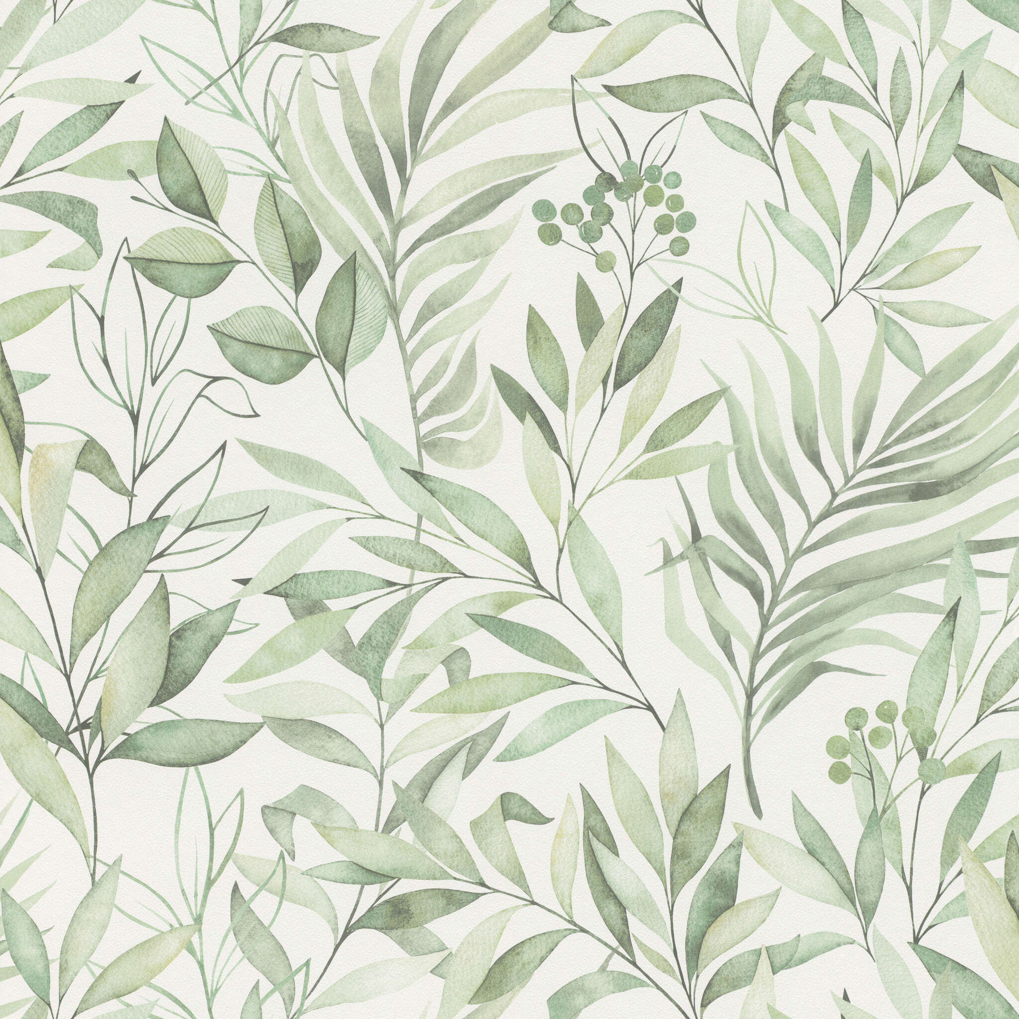 10-286052 Artikelscan 1 Botanische Tapete mit verschiedenen Blattarten in Aquarelloptik auf weißem Hintergrund