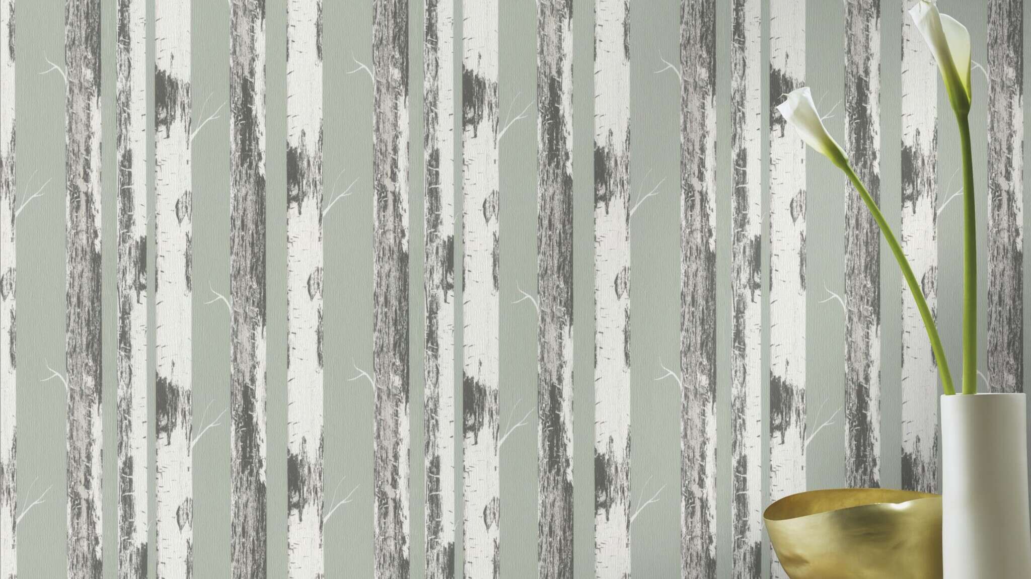 10-285413 Raumsituationen 1 Room with Wallpaper with vertical birch trunks in white and grey on a sage green background for a natural interior design