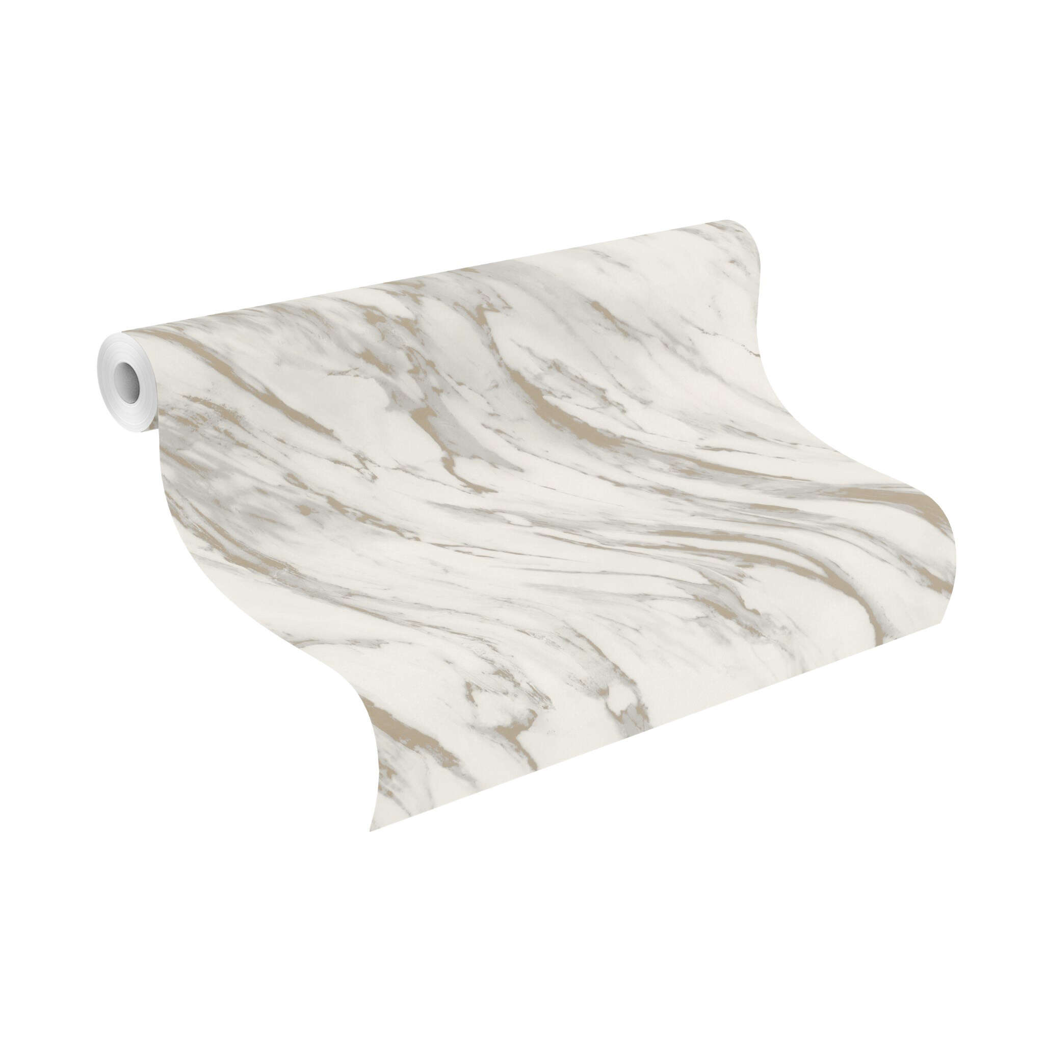 10-200126 Rolle abgerollt 1 Unrolled wallpaper roll with Elegant wallpaper with a white marble background and golden veins in a natural look