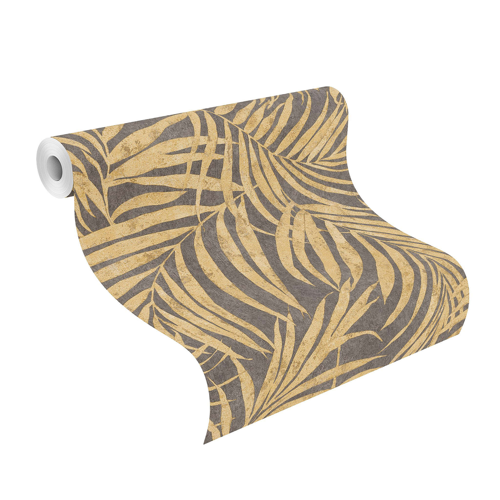 10-617450 Rolle abgerollt 1 Palm leaves non-woven wallpaper in black slate Selection 617450