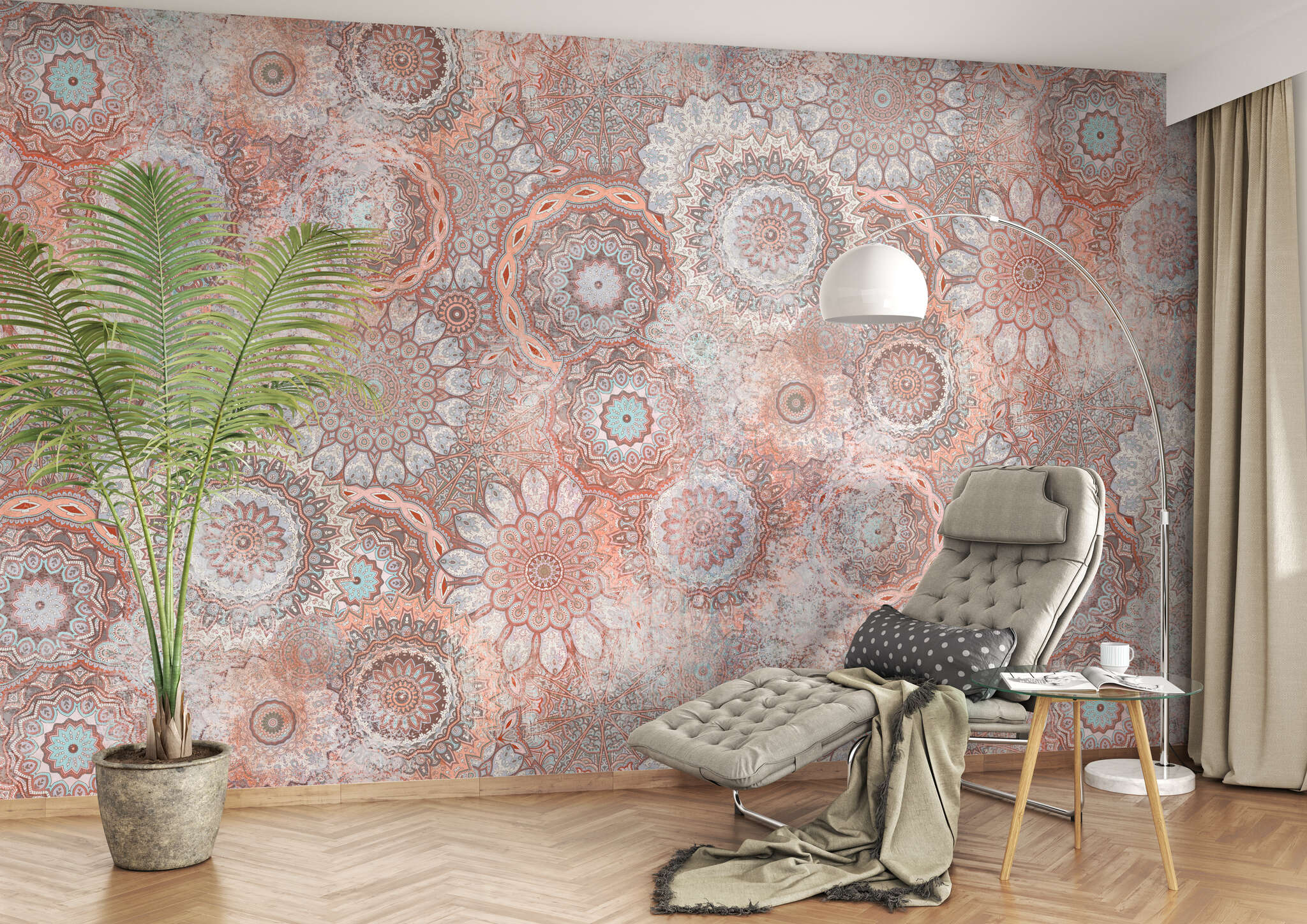 Lese-Ecke mit 363043 - Wandbild - Prallvolle Mandala-Sammlung in Pastellrot, Hellblau und Weiß magicwalls photo wallpaper 363043