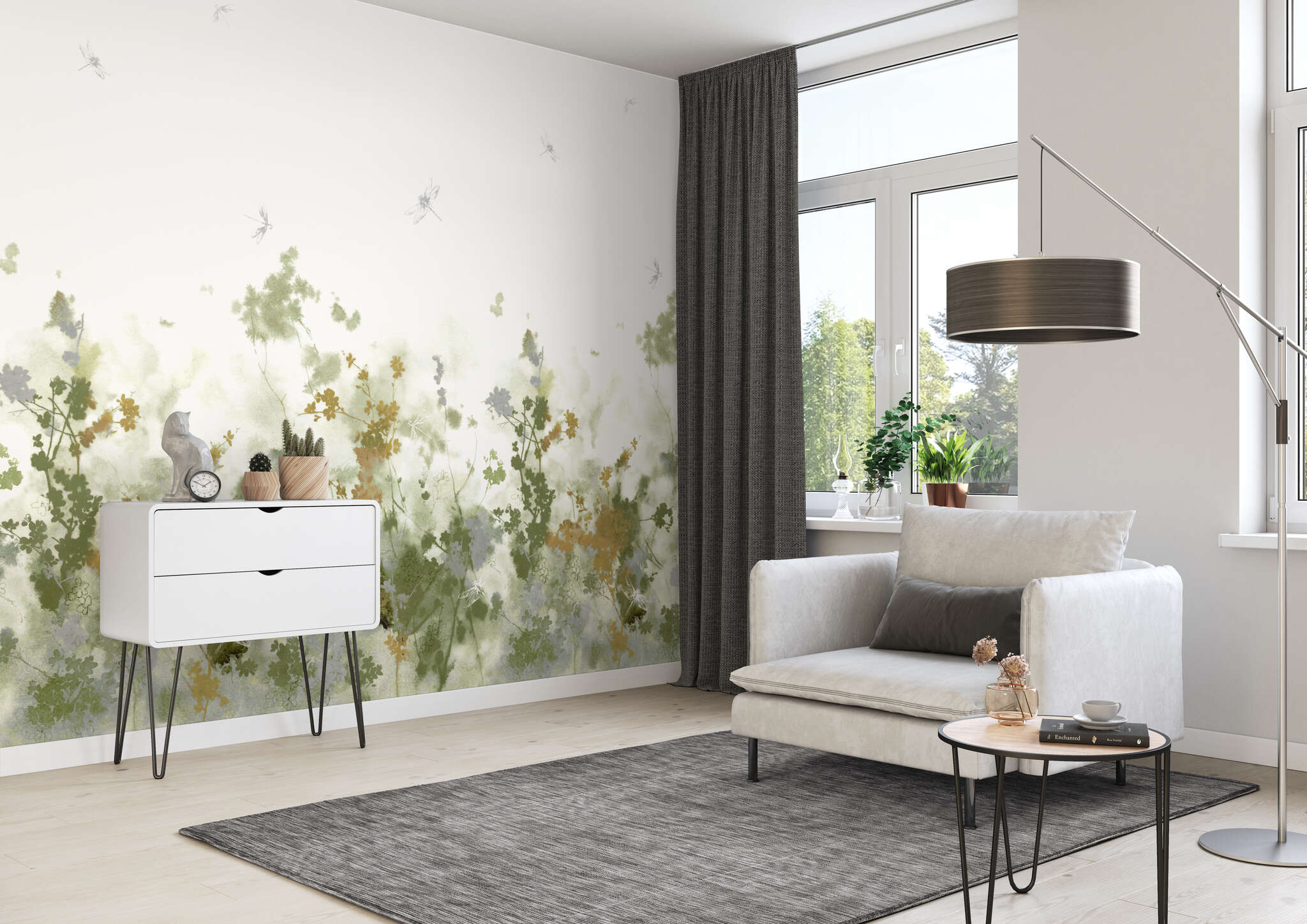 Wohnzimmer mit 360943 - Wandbild - Pflanzenprints in sanftem grünen Licht magicwalls photo wallpaper 360943